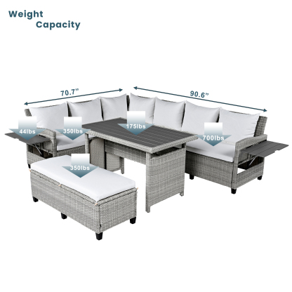 TOMAX 5-Piece Outdoor Patio Rattan Sofa Set, Sectional PE Wicker L-Shaped Garden Furniture Set with 2 Extendable Side Tables, Dining Table and Washable Covers for Backyard, Poolside, Indoor, White