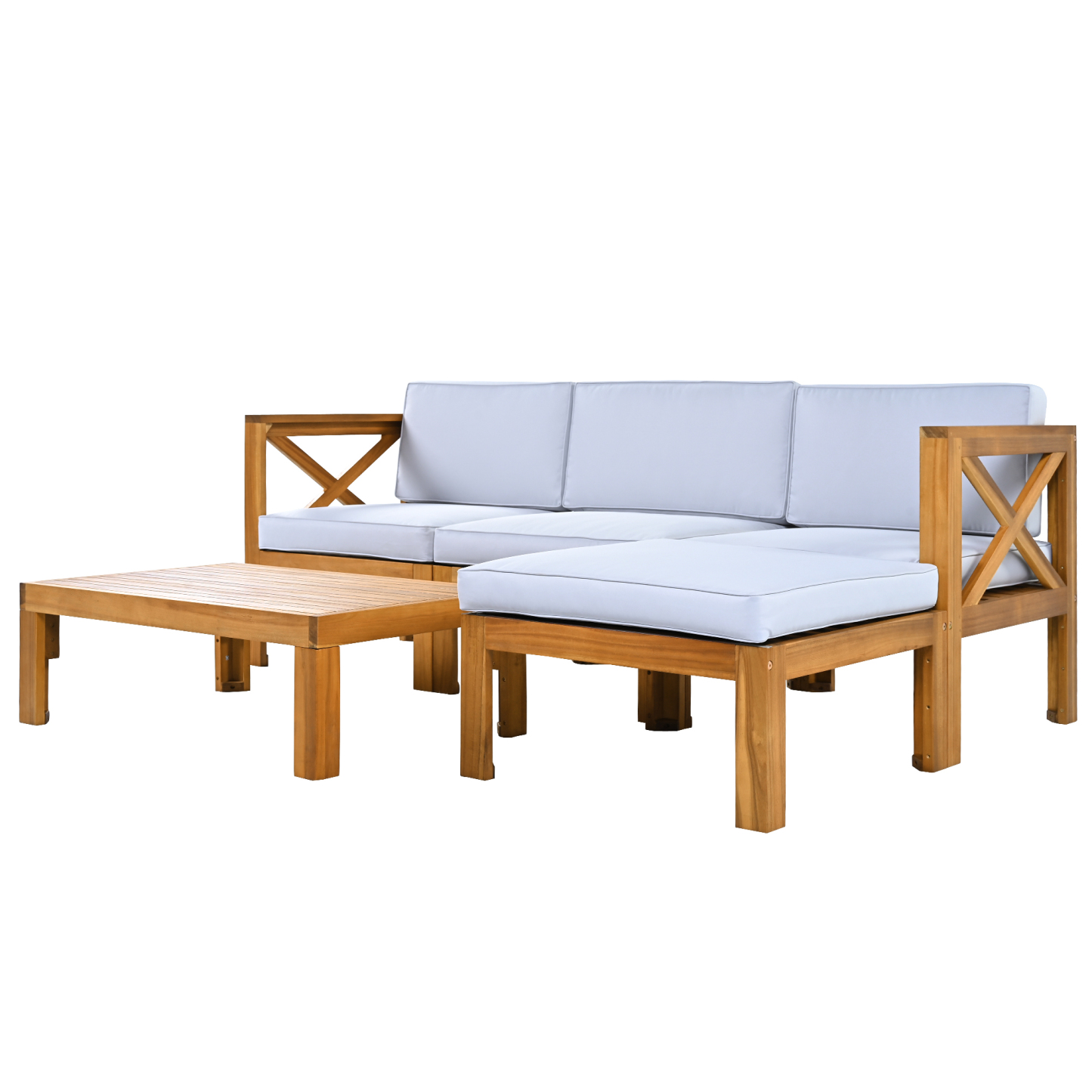 Outdoor Backyard Patio Wood 5-Piece Sectional Sofa Seating Group Set with Cushions, Natural Finish+ Gray Cushions