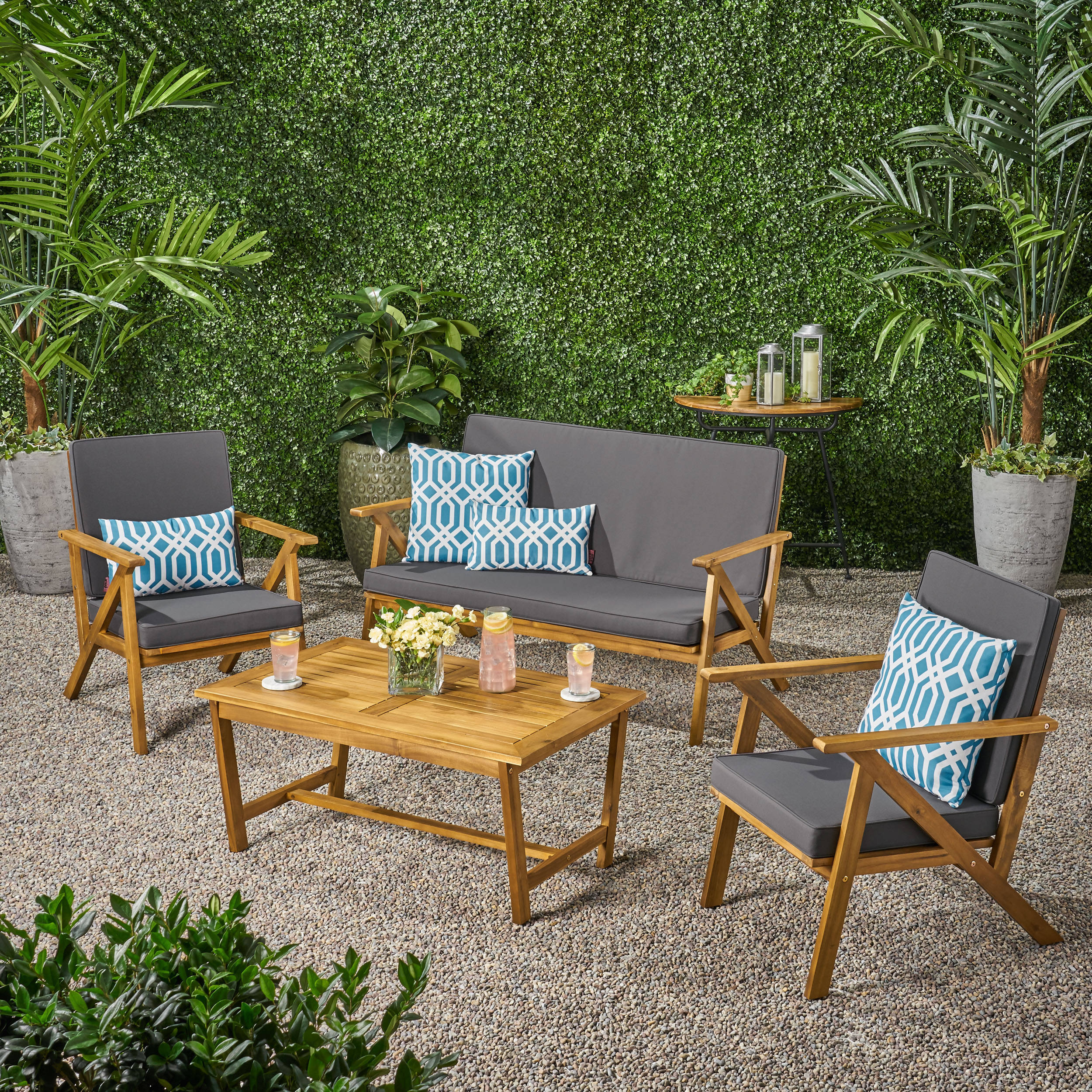 4-Piece Acacia Wood Patio Chat Set Outdoor Conversation Set with Loveseat 2 Club Chairs Coffee Table Weather-Resistant Water-Resistant Gray Polyester Cushions for Backyard Deck Poolside Entertaining