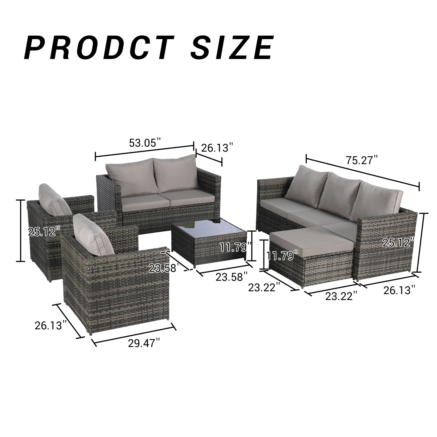 6 Piece Patio Furniture Set,Outdoor Wicker Rattan Sofa Conversation Set All Weather Patio Sectional Sofa Set with Glass Table, Cushions and Pillows for Garden, Backyard