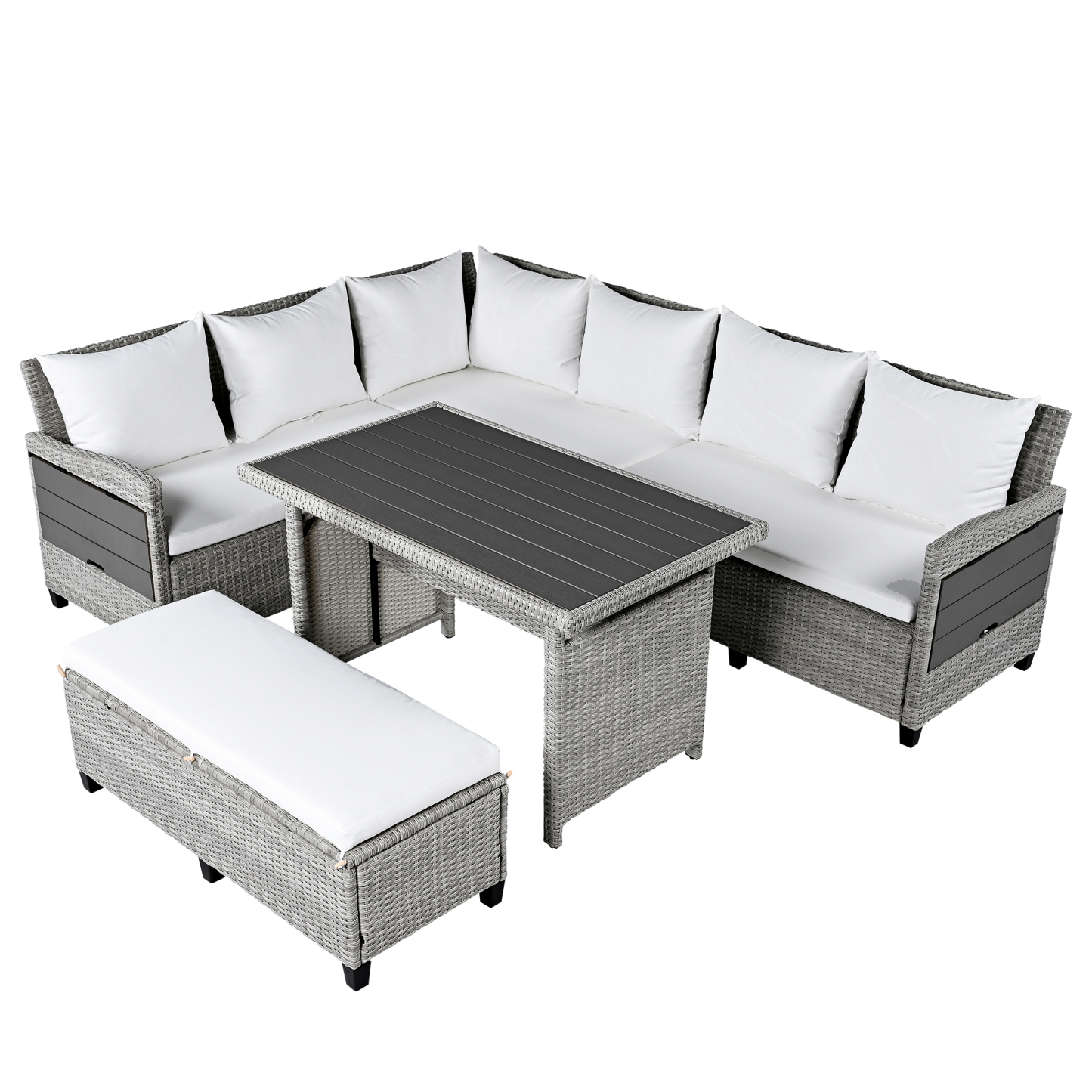 TOMAX 5-Piece Outdoor Patio Rattan Sofa Set, Sectional PE Wicker L-Shaped Garden Furniture Set with 2 Extendable Side Tables, Dining Table and Washable Covers for Backyard, Poolside, Indoor, White