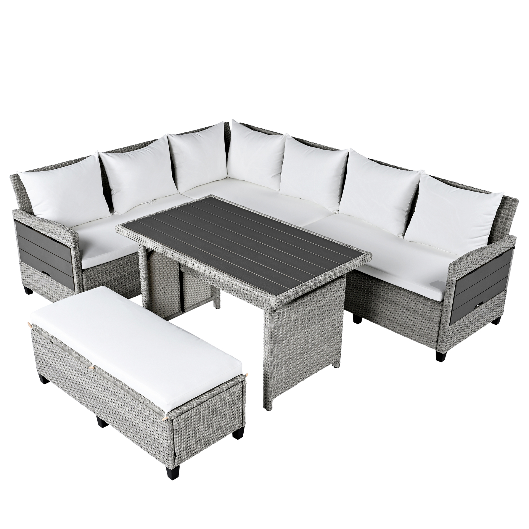TOMAX 5-Piece Outdoor Patio Rattan Sofa Set, Sectional PE Wicker L-Shaped Garden Furniture Set with 2 Extendable Side Tables, Dining Table and Washable Covers for Backyard, Poolside, Indoor, White