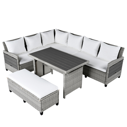 TOMAX 5-Piece Outdoor Patio Rattan Sofa Set, Sectional PE Wicker L-Shaped Garden Furniture Set with 2 Extendable Side Tables, Dining Table and Washable Covers for Backyard, Poolside, Indoor, White