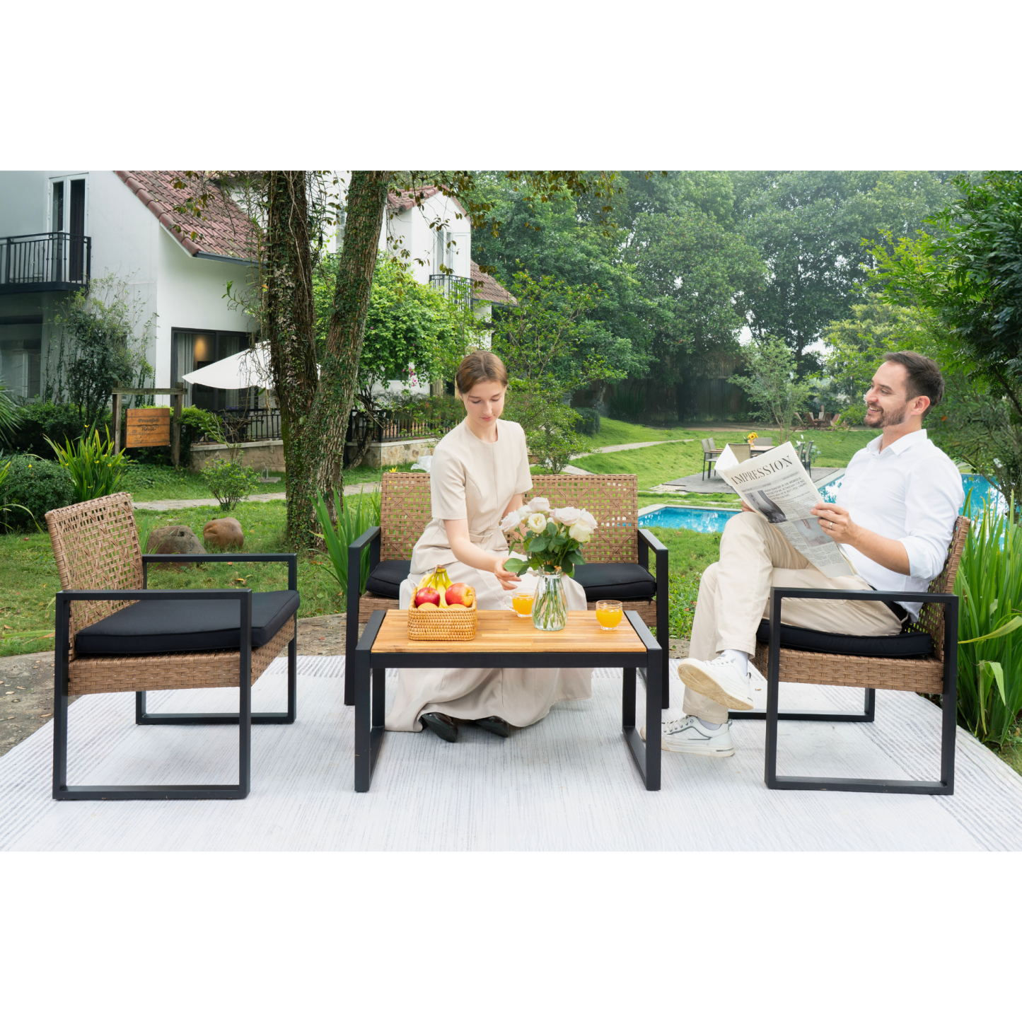 4-Piece Patio Furniture Set Outdoor Balcony Porch Garden Backyard Lawn Furniture Acacia Wood Table Top, Morden Black and Light Brown