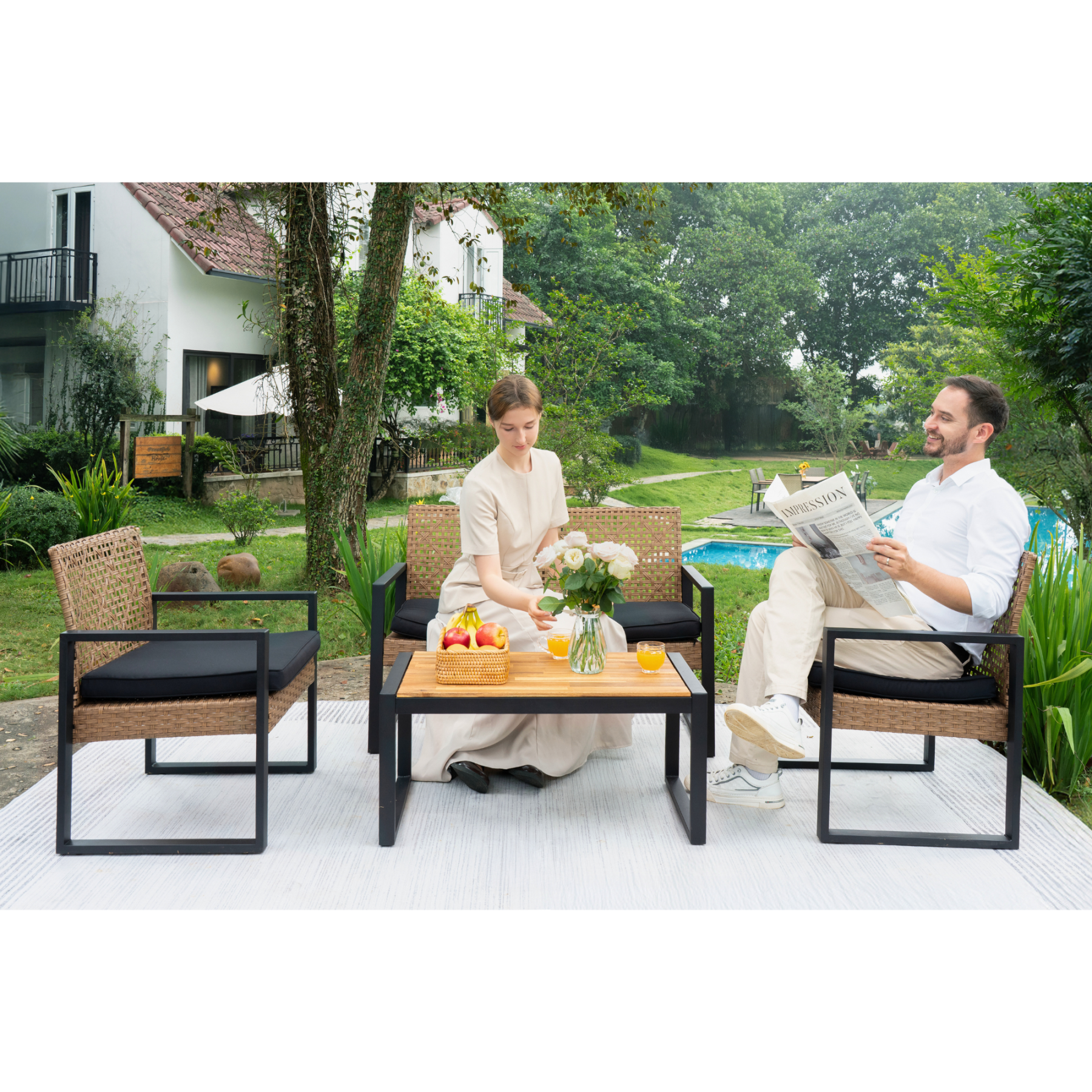 4-Piece Patio Furniture Set Outdoor Balcony Porch Garden Backyard Lawn Furniture Acacia Wood Table Top, Morden Black and Light Brown