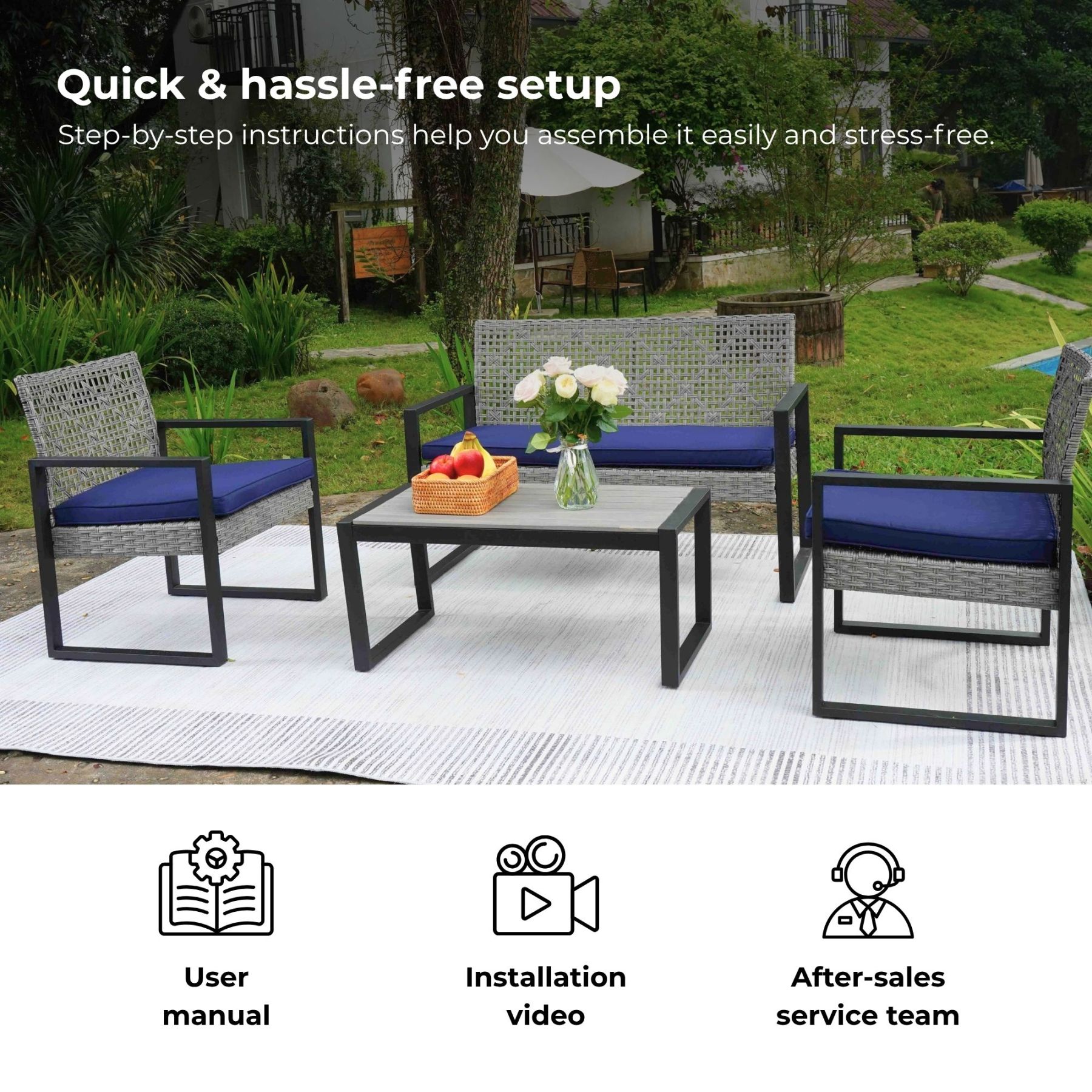 4-Piece Patio Furniture Set Outdoor Balcony Porch Garden Backyard Lawn Furniture Gray Acacia Wood Table Top, Blue Cushion and Light Gray rattan
