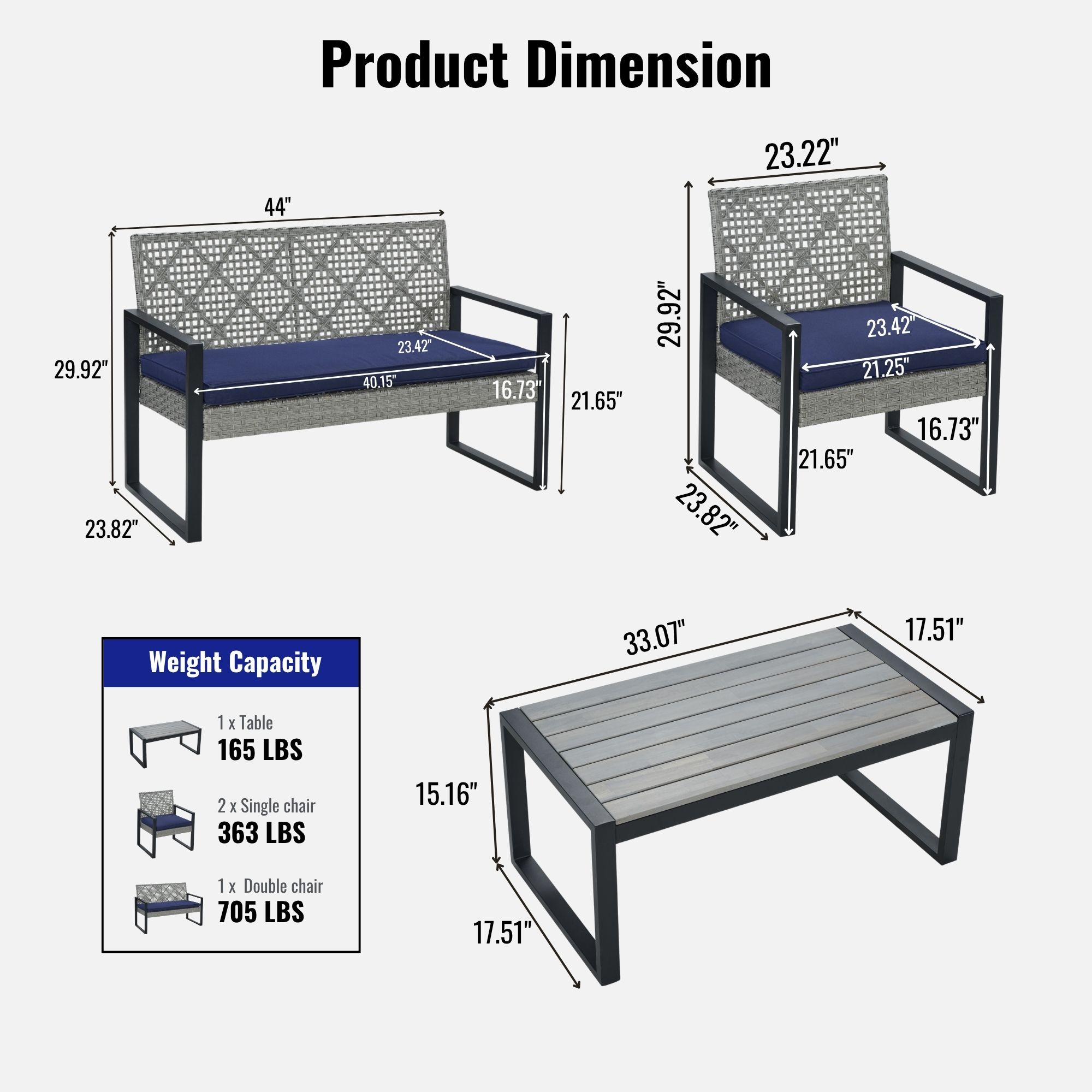 4-Piece Patio Furniture Set Outdoor Balcony Porch Garden Backyard Lawn Furniture Gray Acacia Wood Table Top, Blue Cushion and Light Gray rattan