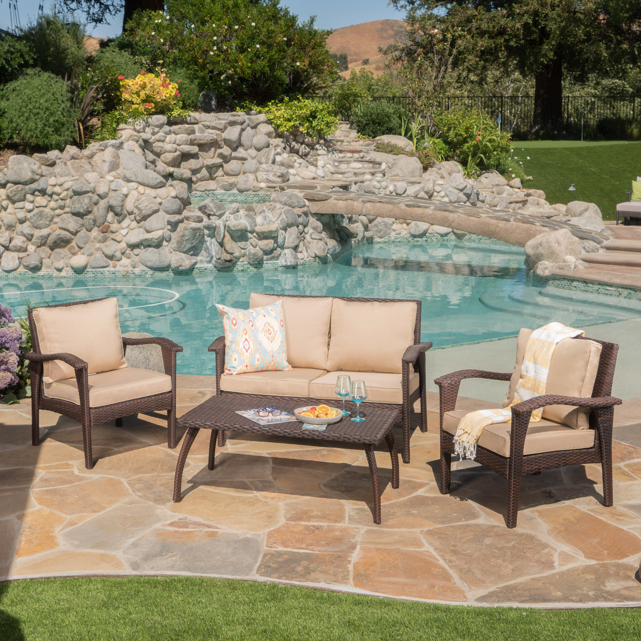 4PC PE Wicker Set Outdoor Seating in Brown and Tan with Iron Frame and Waterproof Fabric