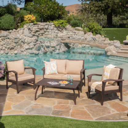 4PC PE Wicker Set Outdoor Seating in Brown and Tan with Iron Frame and Waterproof Fabric