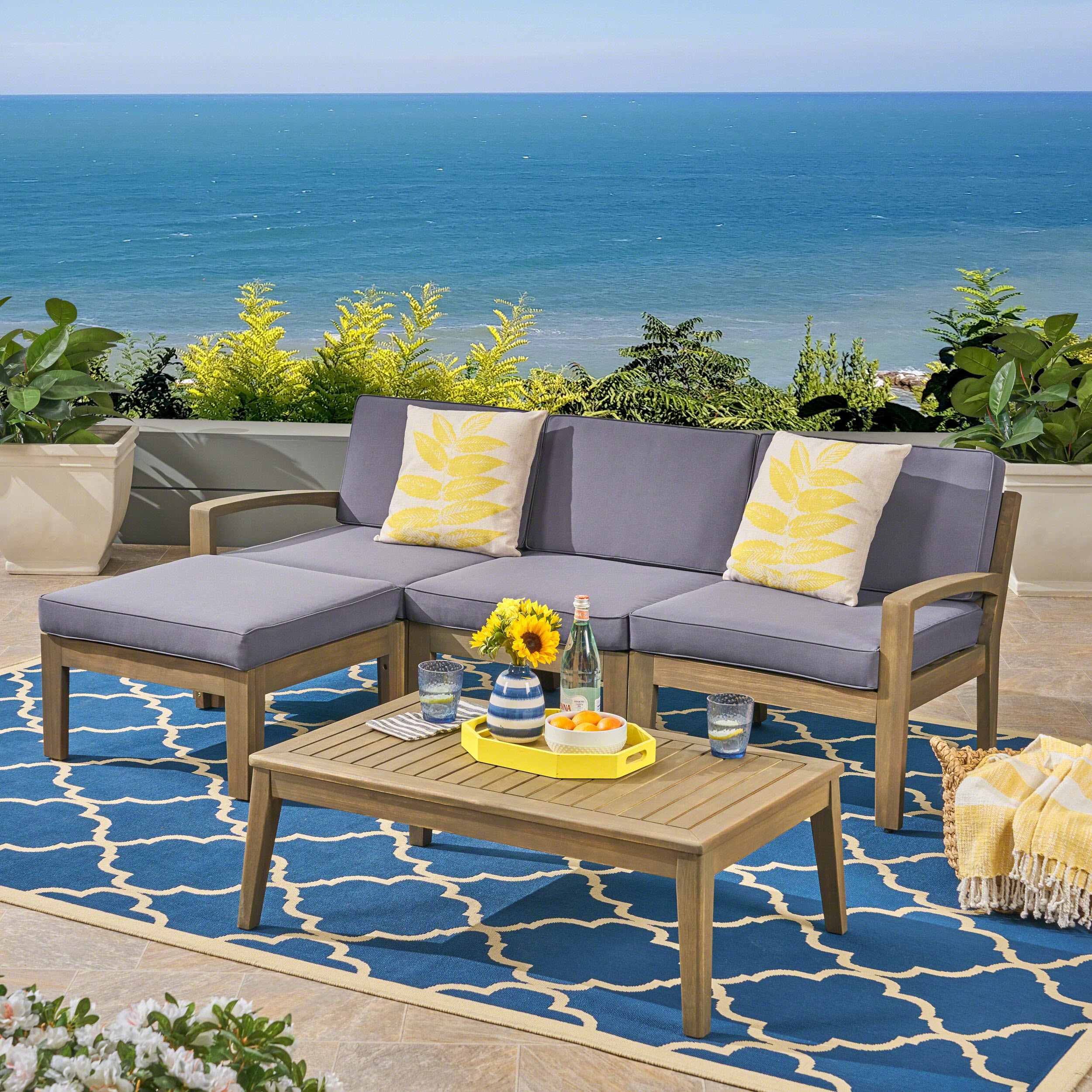 L-Shape Outdoor Sectional Set – Grenada 5-Piece Acacia Wood Modular Patio Sofa with Ottoman & Coffee Table, Left/Right Armrest + Armless Piece, Water-Resistant Cushions, Slat Backrest, Gray Finish