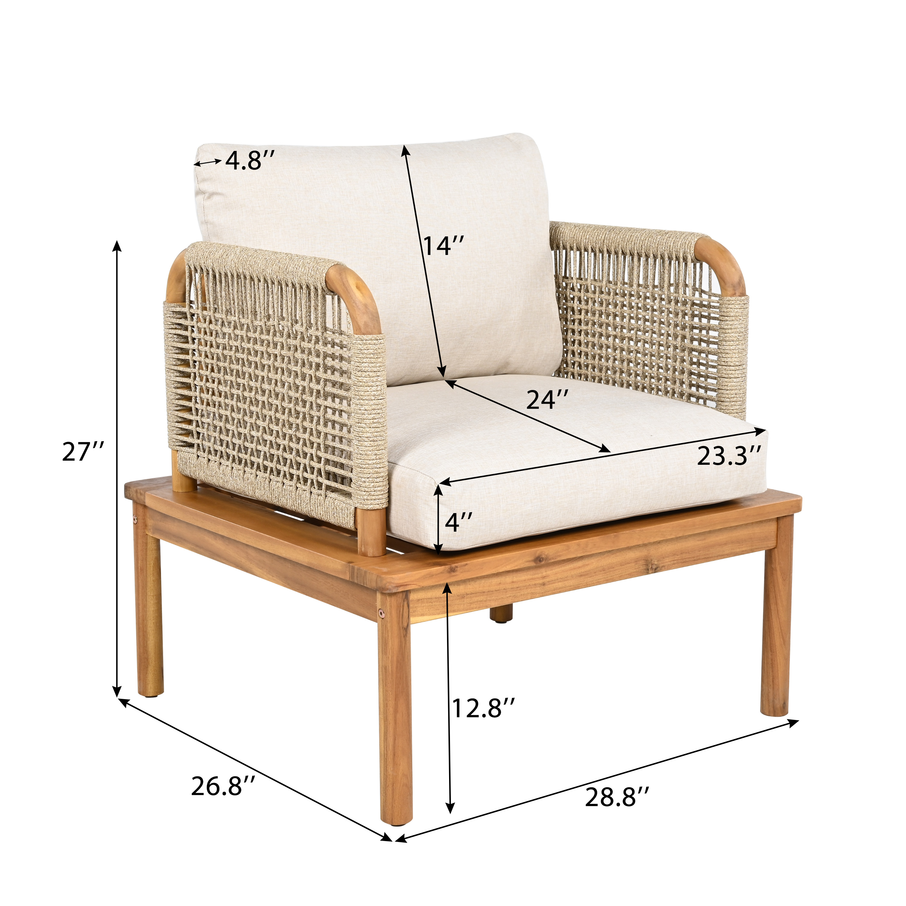 Outdoor Acacia Wood and Rope Club Chair with Cushions (Single)