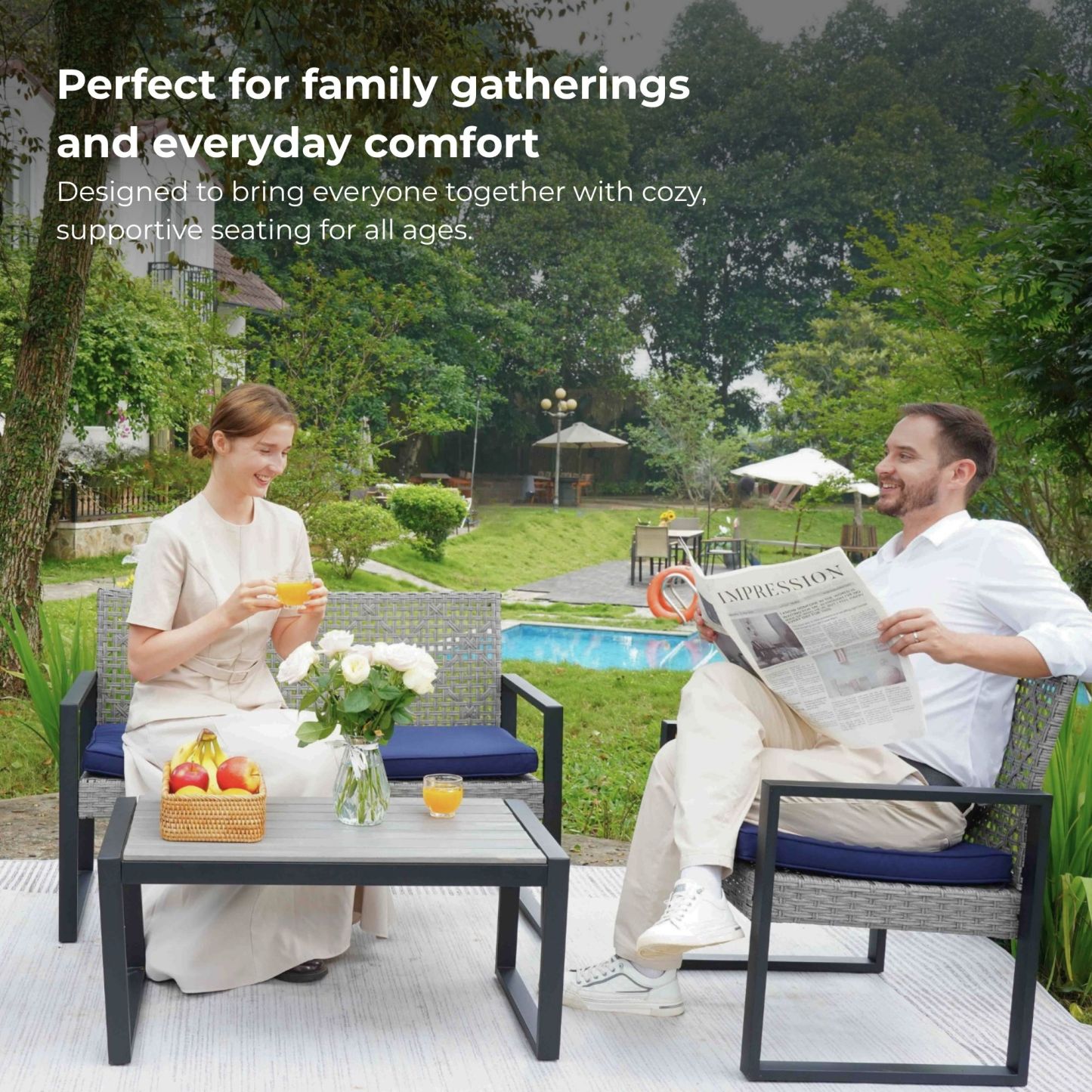 4-Piece Patio Furniture Set Outdoor Balcony Porch Garden Backyard Lawn Furniture Gray Acacia Wood Table Top, Blue Cushion and Light Gray rattan