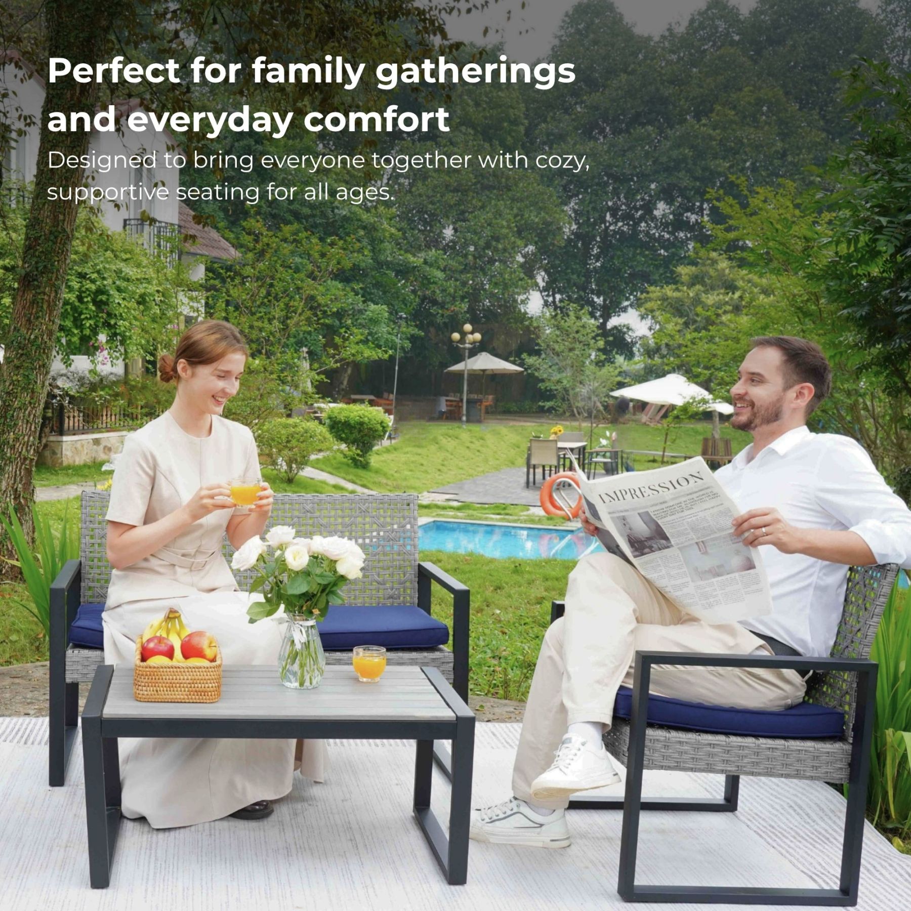 4-Piece Patio Furniture Set Outdoor Balcony Porch Garden Backyard Lawn Furniture Gray Acacia Wood Table Top, Blue Cushion and Light Gray rattan