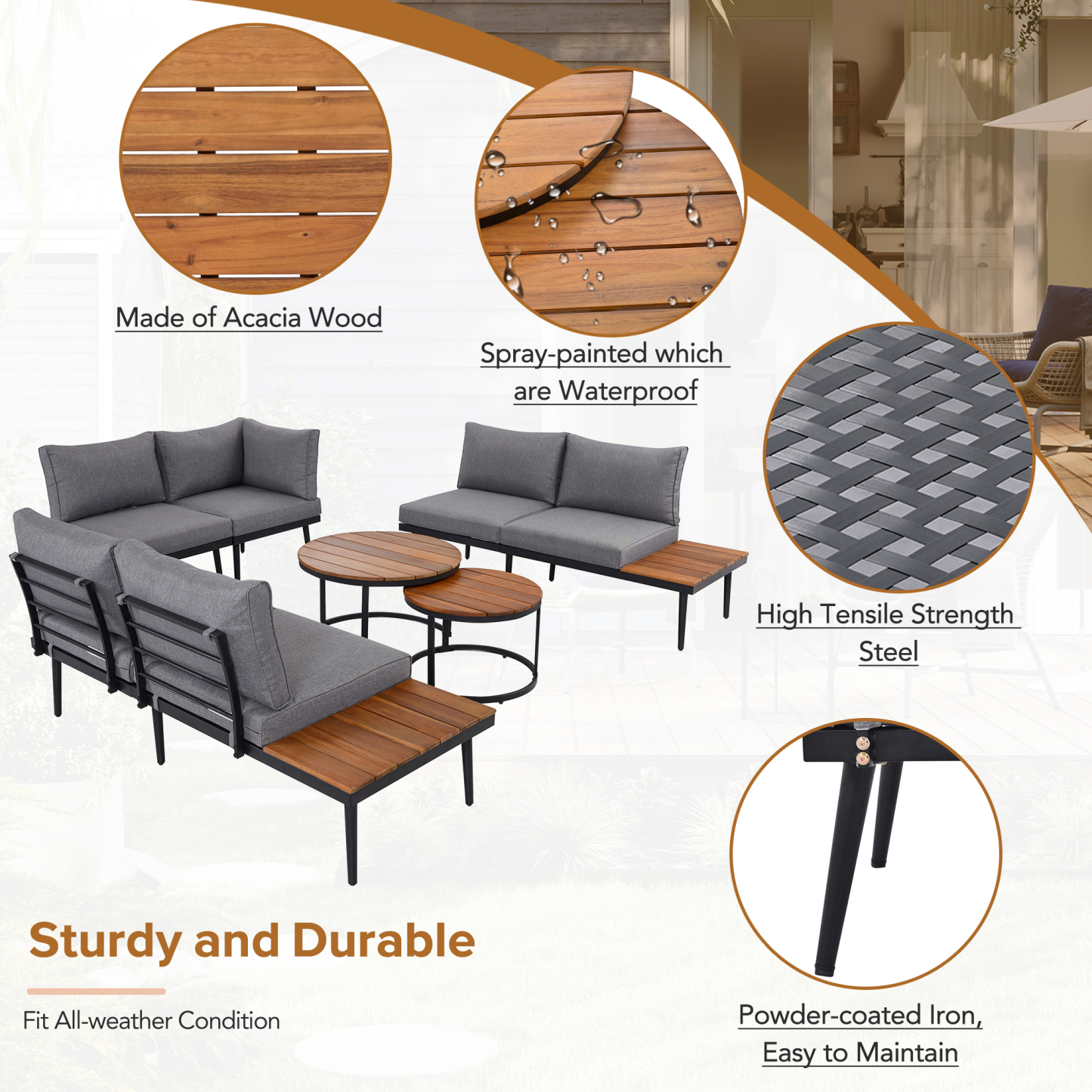 TREXM 6-Piece Outdoor Sectional Sofa Set with Round Nesting Coffee Tables and Seating Sofa with Cushions for Patio, Porch and Garden (Grey)