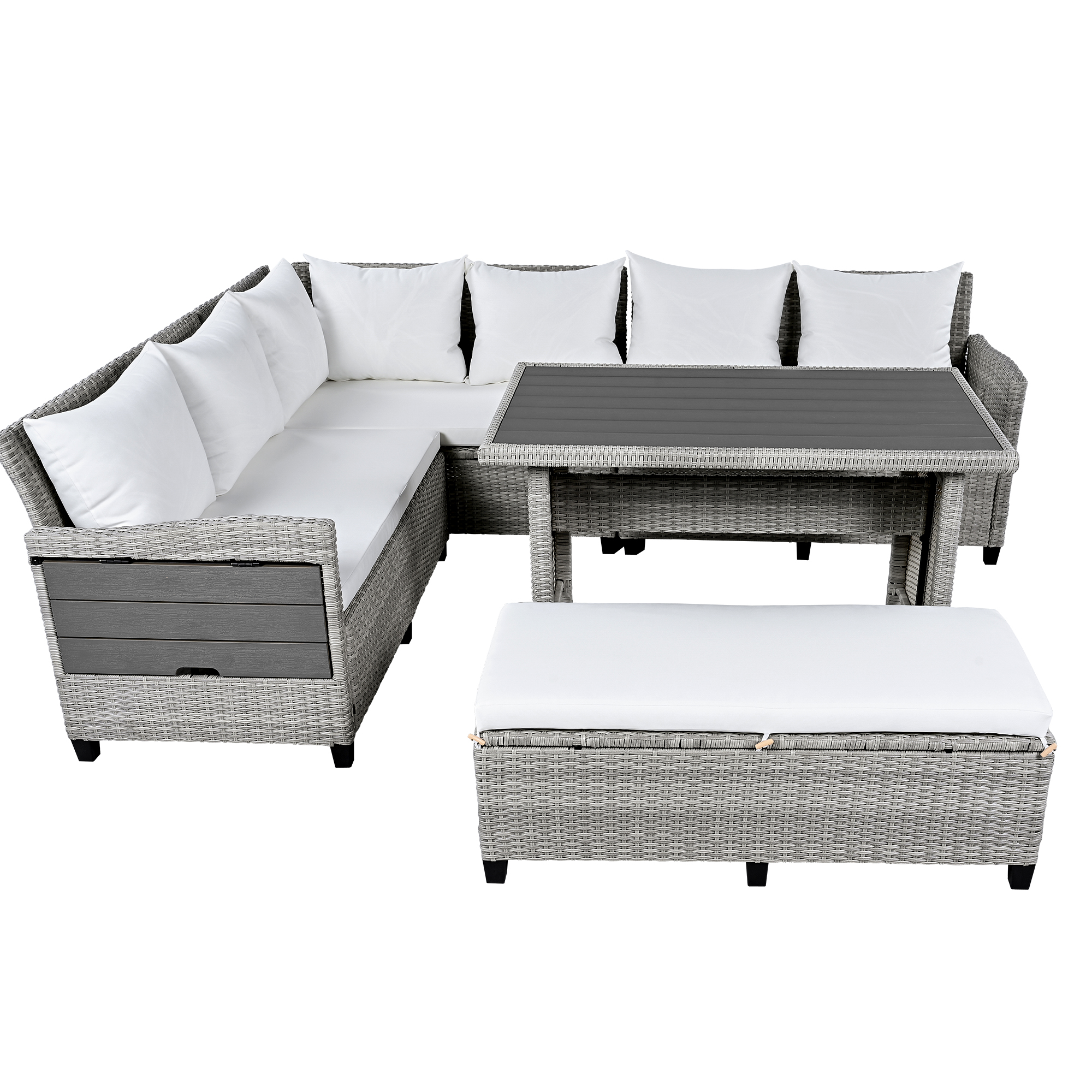 TOMAX 5-Piece Outdoor Patio Rattan Sofa Set, Sectional PE Wicker L-Shaped Garden Furniture Set with 2 Extendable Side Tables, Dining Table and Washable Covers for Backyard, Poolside, Indoor, White