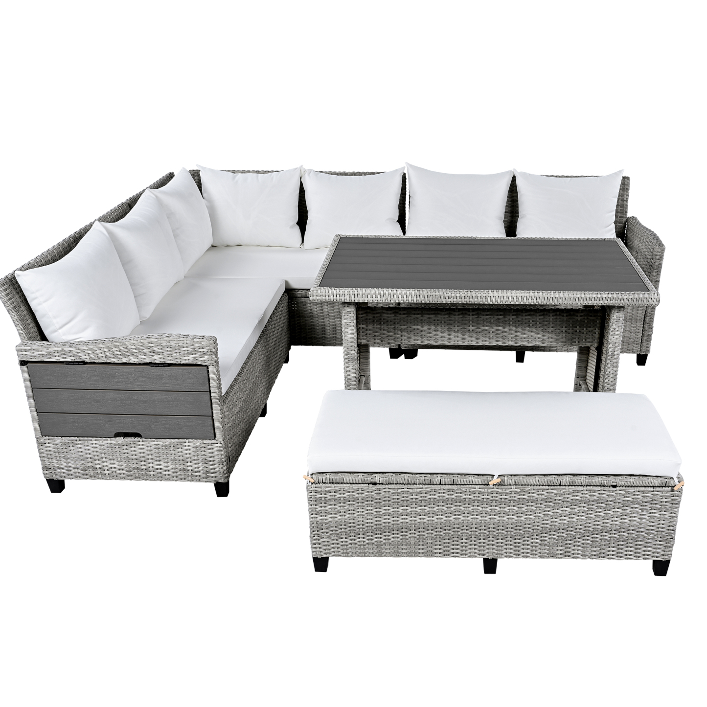 TOMAX 5-Piece Outdoor Patio Rattan Sofa Set, Sectional PE Wicker L-Shaped Garden Furniture Set with 2 Extendable Side Tables, Dining Table and Washable Covers for Backyard, Poolside, Indoor, White