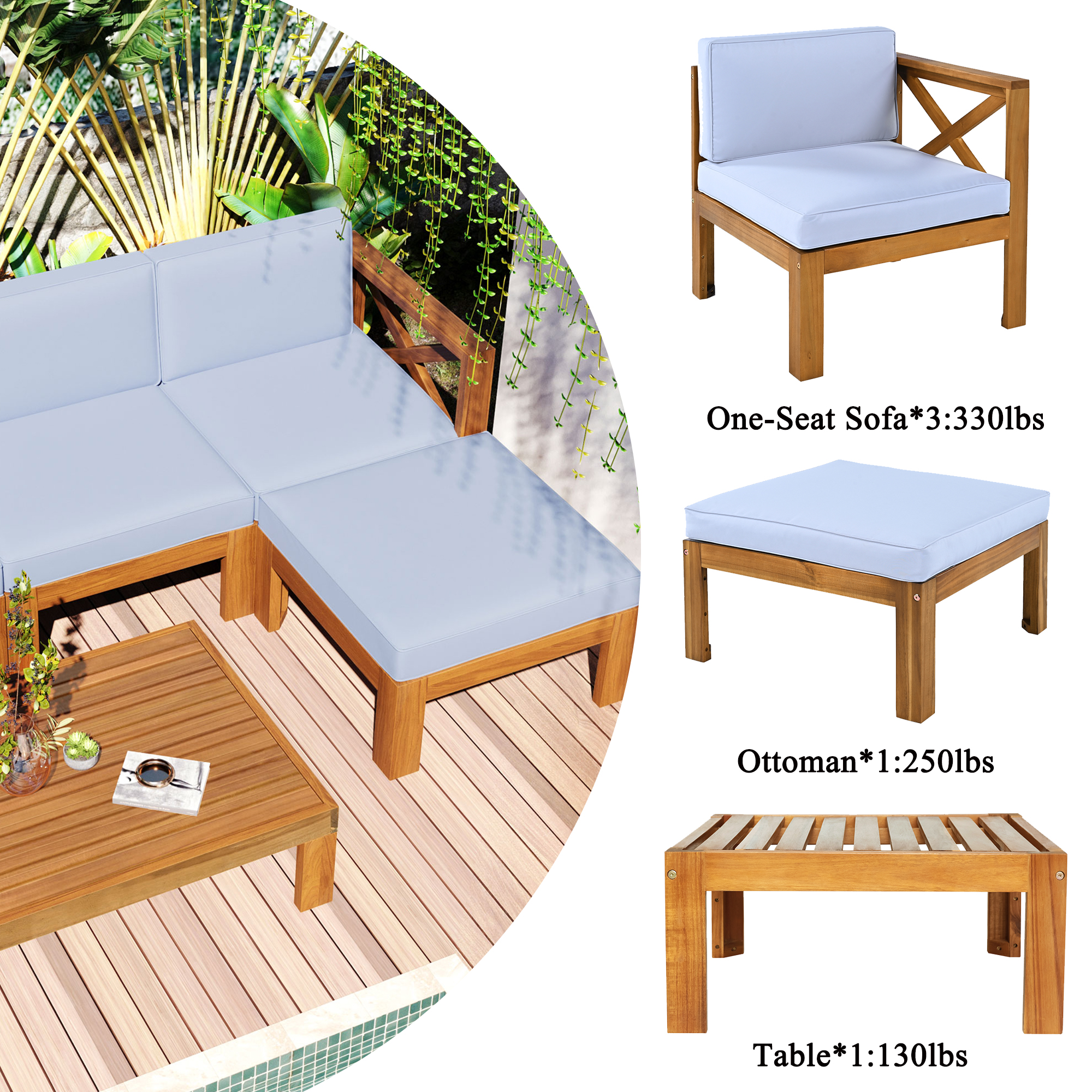 Outdoor Backyard Patio Wood 5-Piece Sectional Sofa Seating Group Set with Cushions, Natural Finish+ Gray Cushions