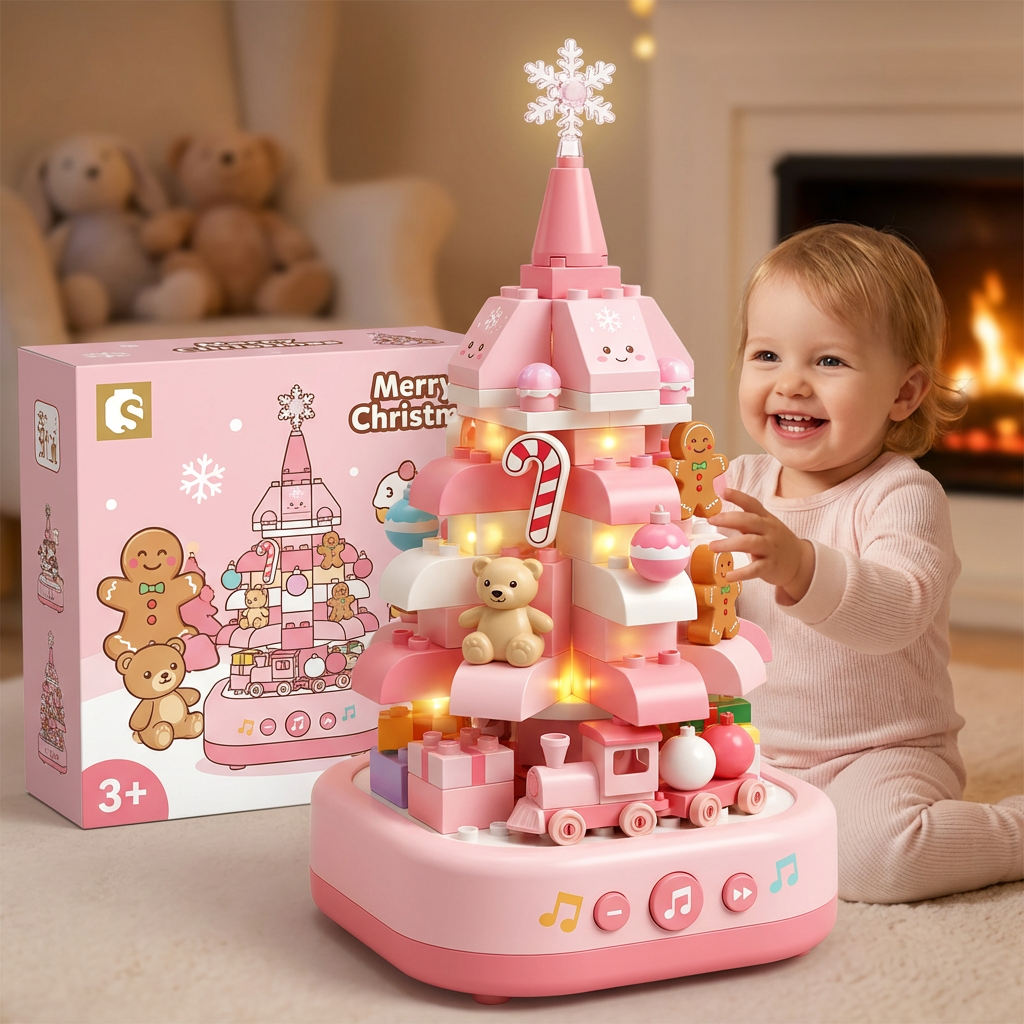Pink Crystal Christmas Tree Building Block Set Music Box with LED Light Rotating Xmas Bricks Toy for Girls Ages 6+ Musical Blocks Toy