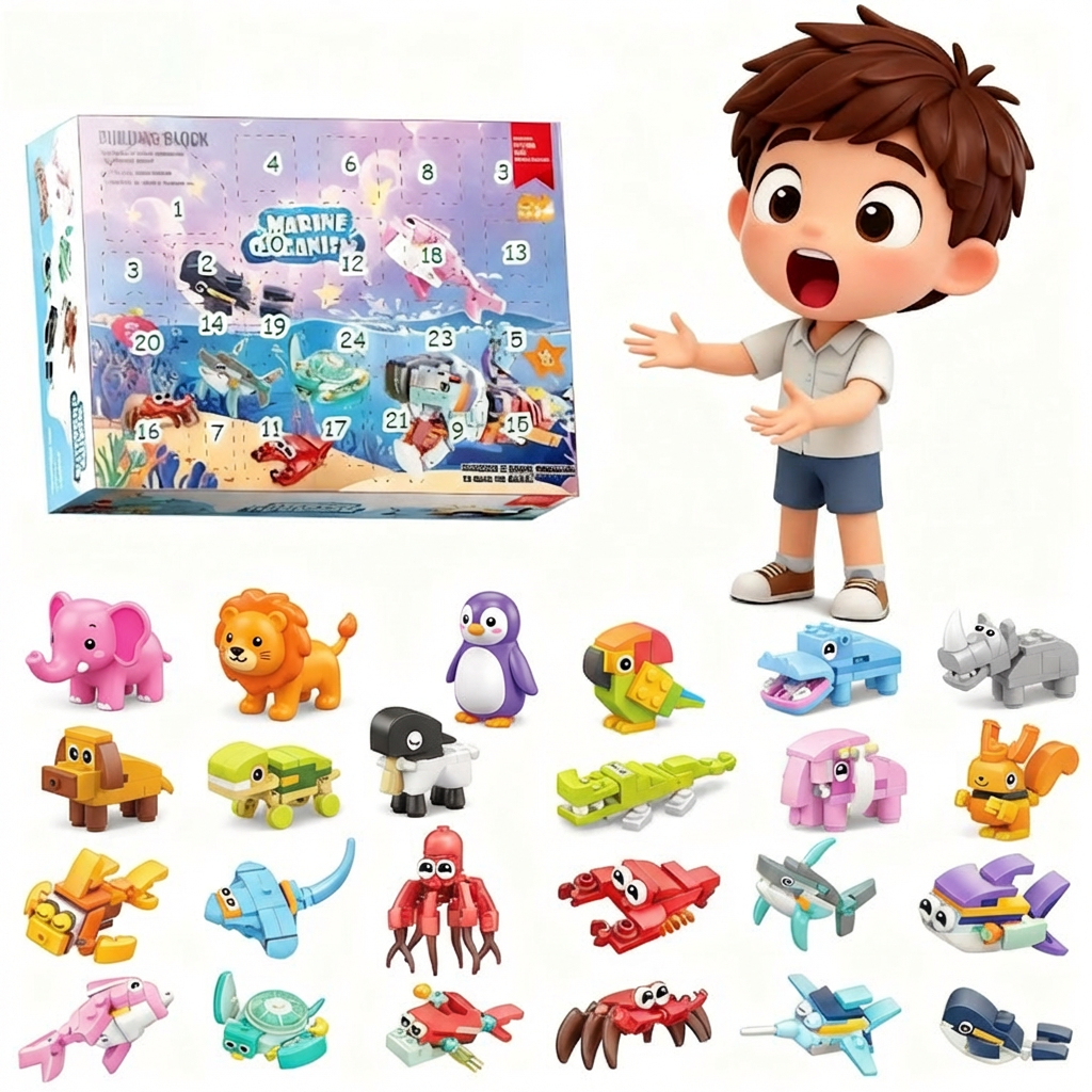 Advent Calendar, 12 Small Animals and 12 Sea Animals Clamping Blocks Set, 24 Animals Model Kit, Christmas Calendar Children, Animals Model Kit