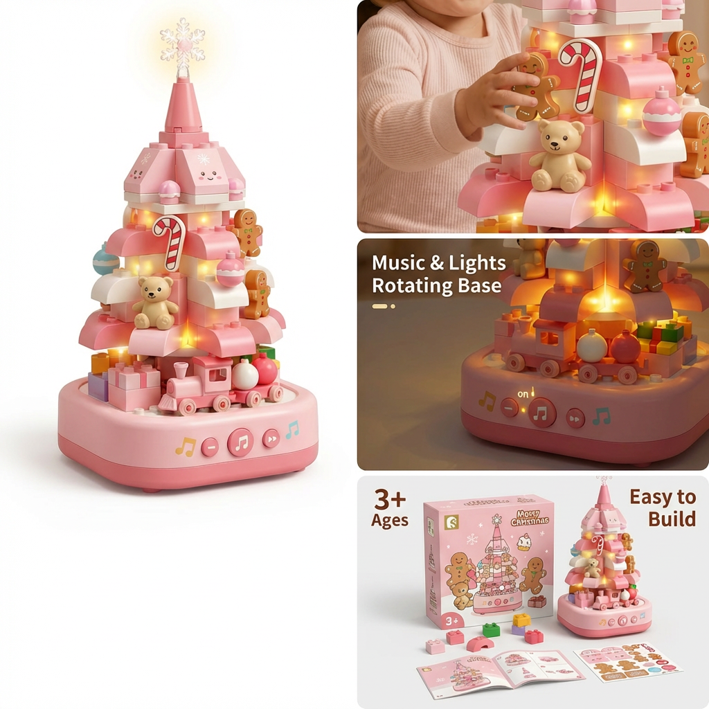 Pink Crystal Christmas Tree Building Block Set Music Box with LED Light Rotating Xmas Bricks Toy for Girls Ages 6+ Musical Blocks Toy