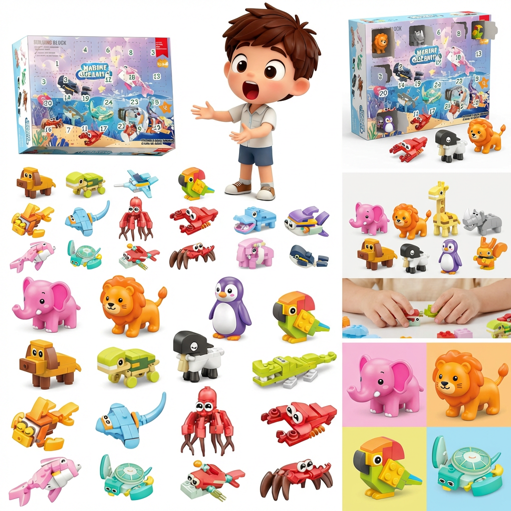 Advent Calendar, 12 Small Animals and 12 Sea Animals Clamping Blocks Set, 24 Animals Model Kit, Christmas Calendar Children, Animals Model Kit