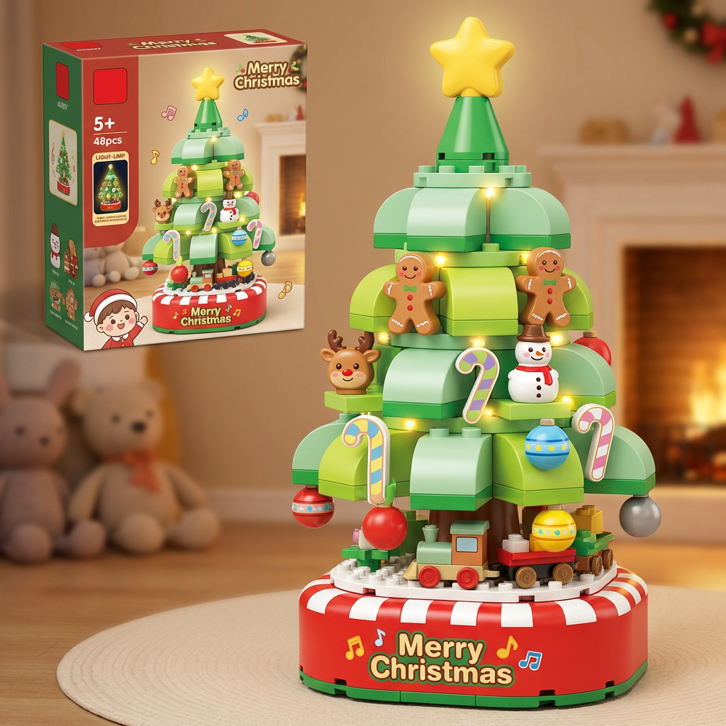 Christmas Tree Building Blocks Kits Party Set with Music Box Led Light Kit DIY Birthday Gift for Kids Boys Girls（870 Pieces）