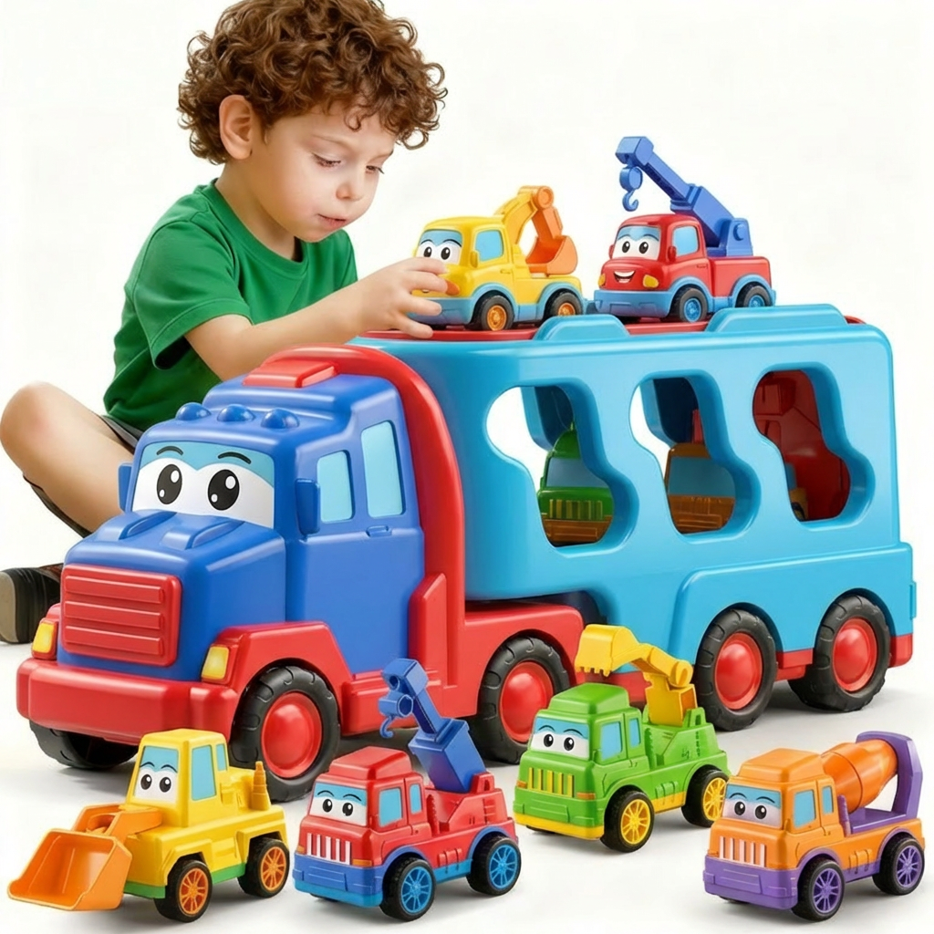 Construction Toddler Truck Toys for Age 3+ Boys,5-in-1 Friction Power Vehicle Car Toy for Toddlers,Carrier Truck Toys for Kids,Christmas Birthday Gifts for Girls Age 3+