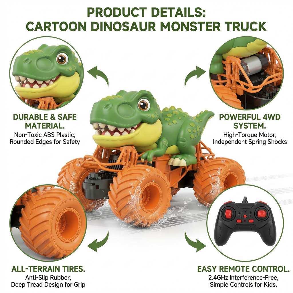 Remote Control Dinosaur Car Toys for Kids Boys, 2.4GHz RC Dinosaur Car Toys with Light, Sound, Spray, Indoor Outdoor All Terrain