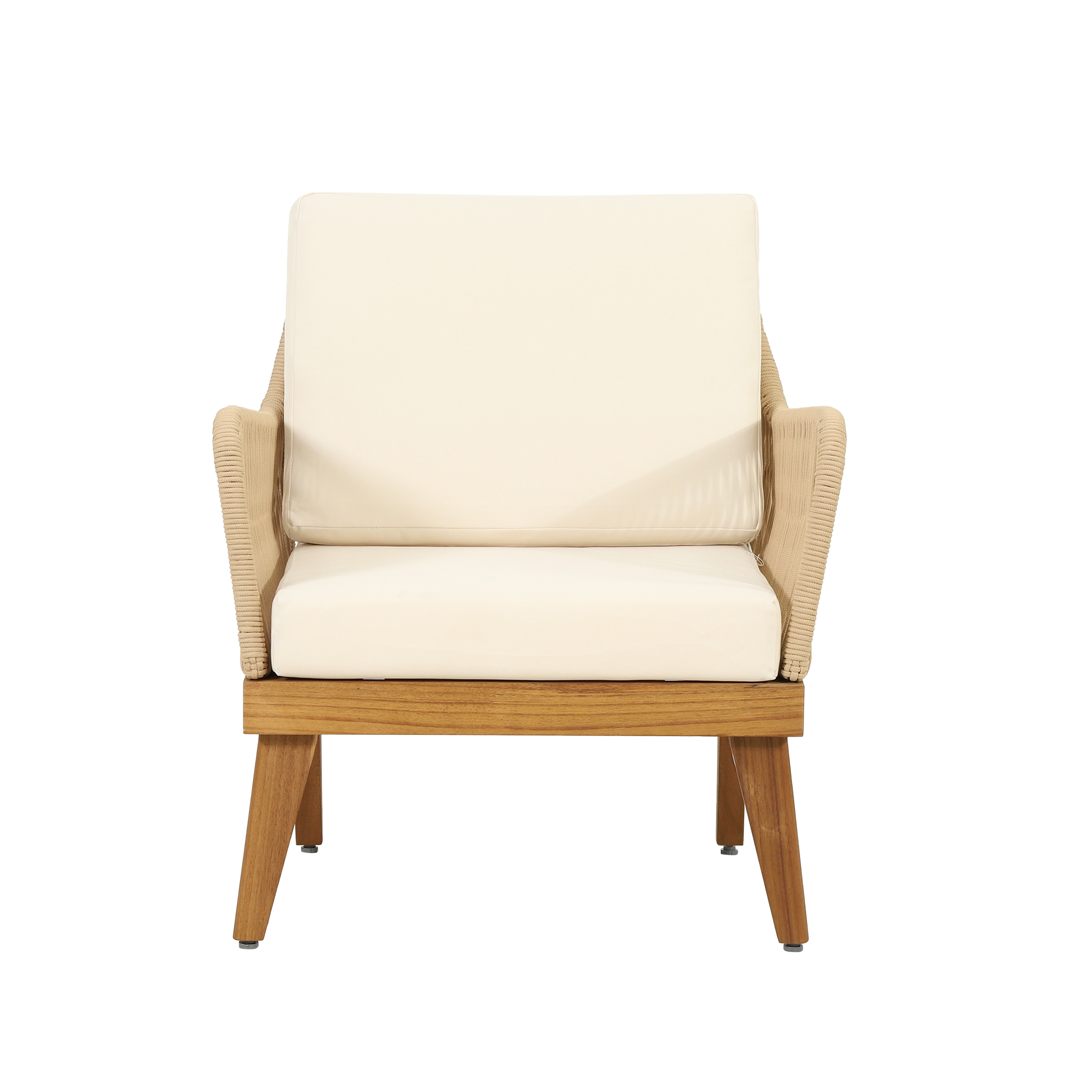 Outdoor 4-Piece Acacia Wood Chat Set with Rope, 1 loveseat and 2 club chairs Acacia Wood Conversation Sofa and 1 Table Set with Water Resistant Cushions, Teak Finished for Outdoor