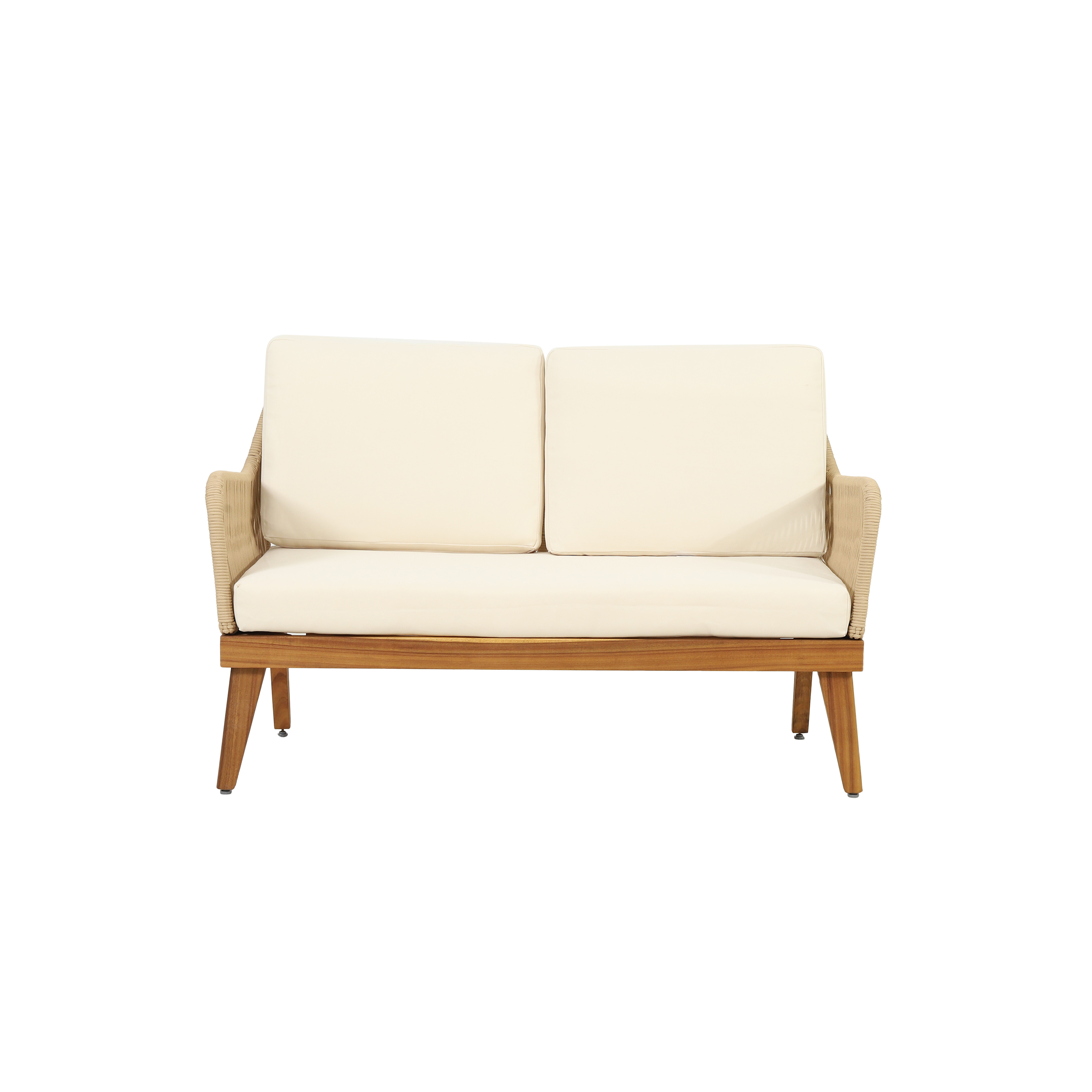 Outdoor 4-Piece Acacia Wood Chat Set with Rope, 1 loveseat and 2 club chairs Acacia Wood Conversation Sofa and 1 Table Set with Water Resistant Cushions, Teak Finished for Outdoor