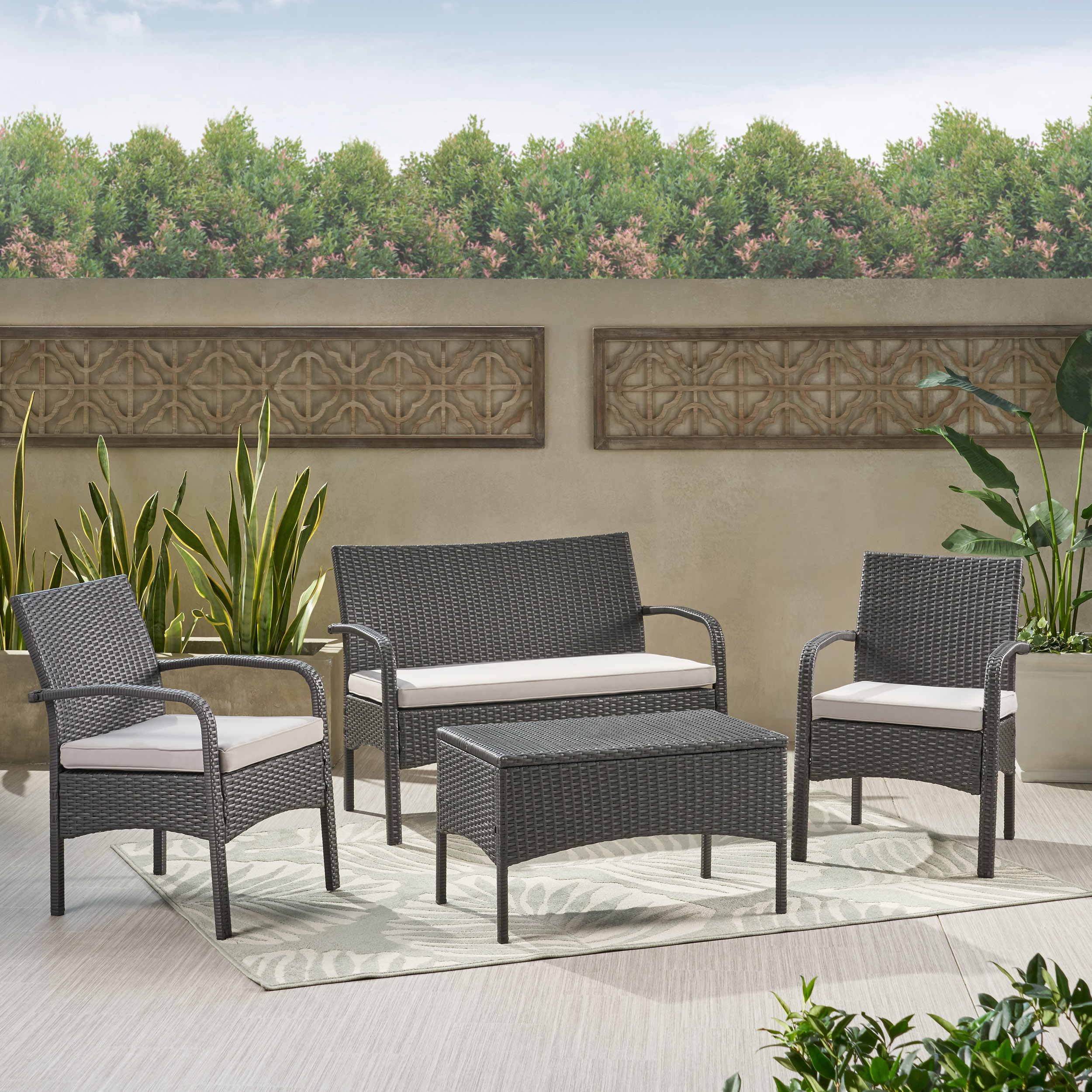 4-Piece Brown PE Rattan Wicker Chat Set All-Weather Outdoor Conversation Set with Heavy-Duty Rust-Resistant Iron Frame UV-Protected Fade-Resistant Waterproof Cushions Compact for Small Space Apartment Balcony or Patio