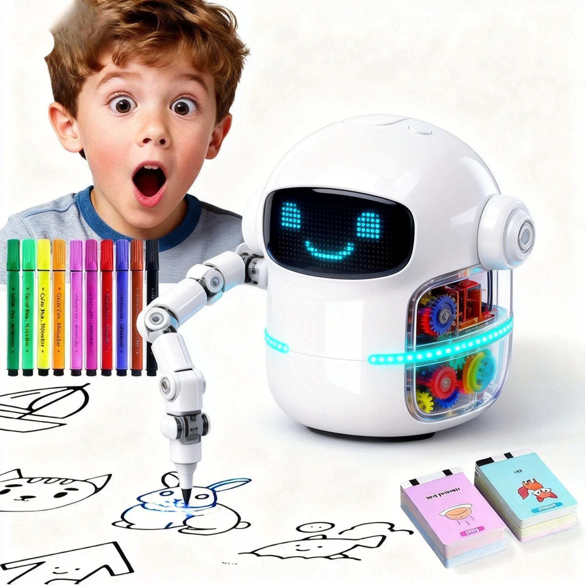 Drawing Robot for Boys Girls Montessori Painting Toys for 3 4 5 6 7 8 Year Old, Voice Interactive Educational Drawing Machine with 100 Cards, Blue
