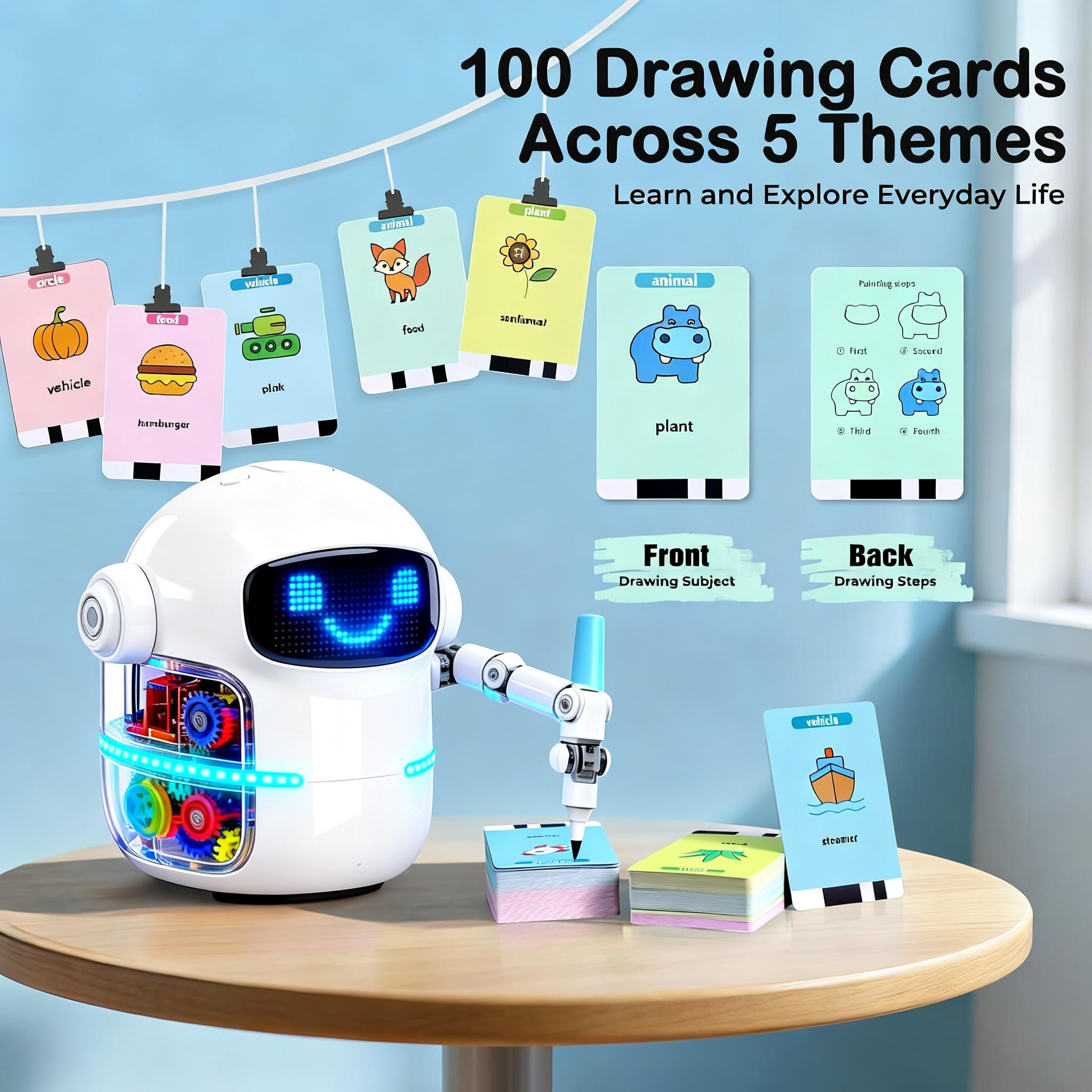Drawing Robot for Boys Girls Montessori Painting Toys for 3 4 5 6 7 8 Year Old, Voice Interactive Educational Drawing Machine with 100 Cards, Blue