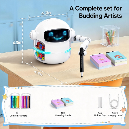 Drawing Robot for Boys Girls Montessori Painting Toys for 3 4 5 6 7 8 Year Old, Voice Interactive Educational Drawing Machine with 100 Cards, Blue