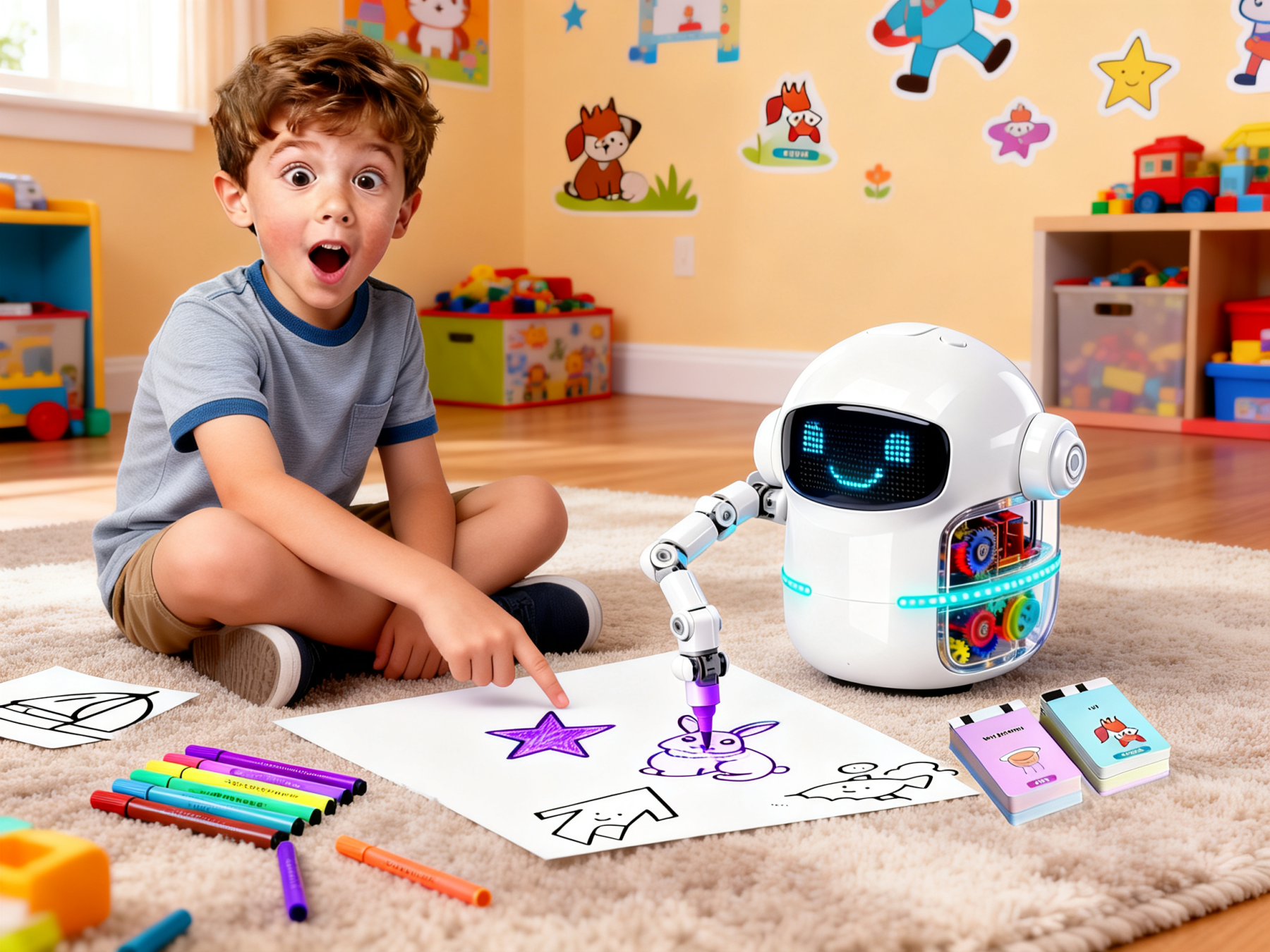 Drawing Robot for Boys Girls Montessori Painting Toys for 3 4 5 6 7 8 Year Old, Voice Interactive Educational Drawing Machine with 100 Cards, Blue