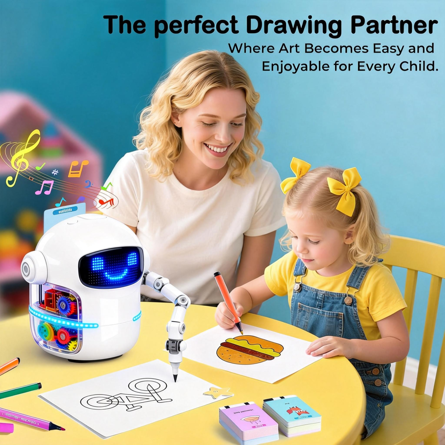 Drawing Robot for Boys Girls Montessori Painting Toys for 3 4 5 6 7 8 Year Old, Voice Interactive Educational Drawing Machine with 100 Cards, Blue