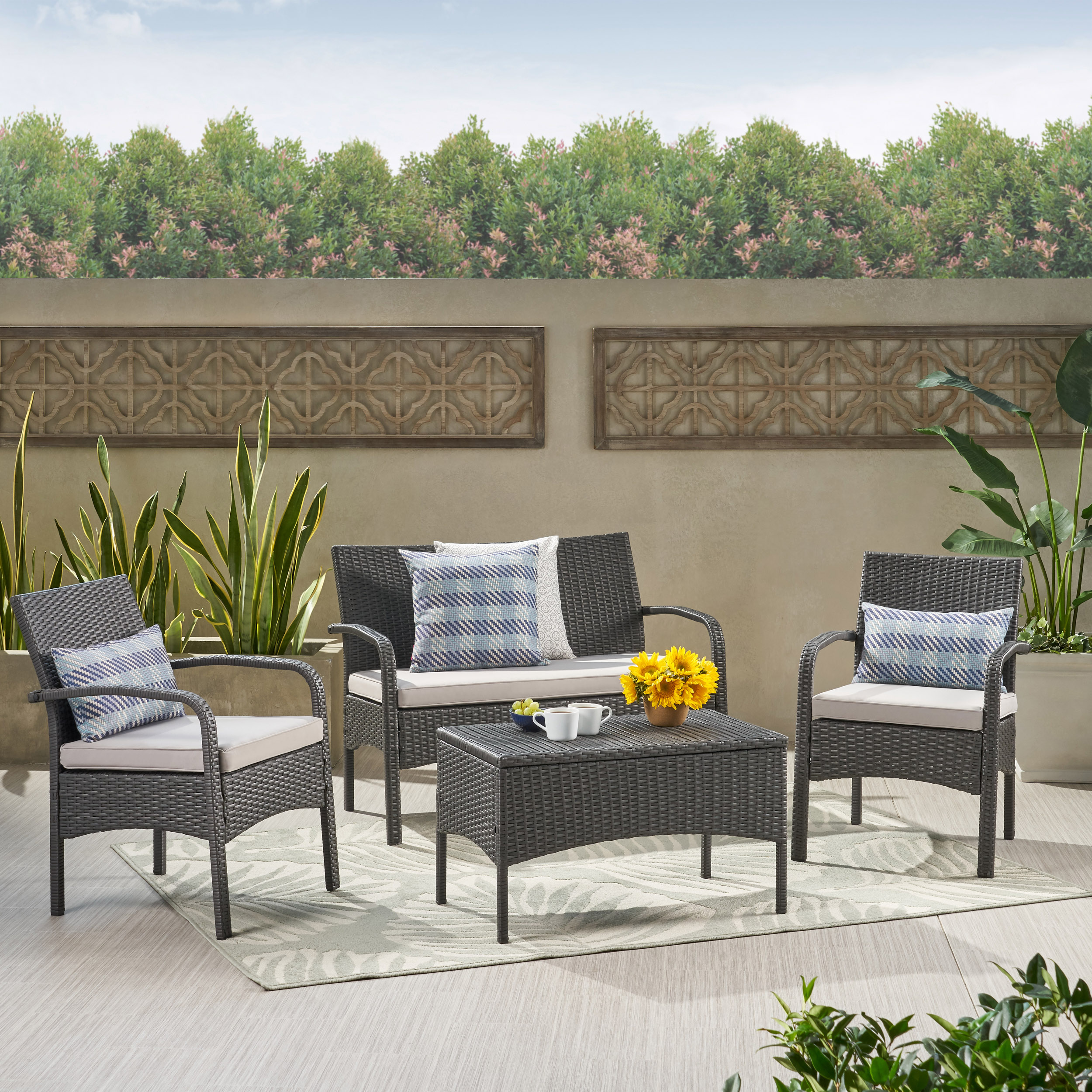 4-Piece Brown PE Rattan Wicker Chat Set All-Weather Outdoor Conversation Set with Heavy-Duty Rust-Resistant Iron Frame UV-Protected Fade-Resistant Waterproof Cushions Compact for Small Space Apartment Balcony or Patio