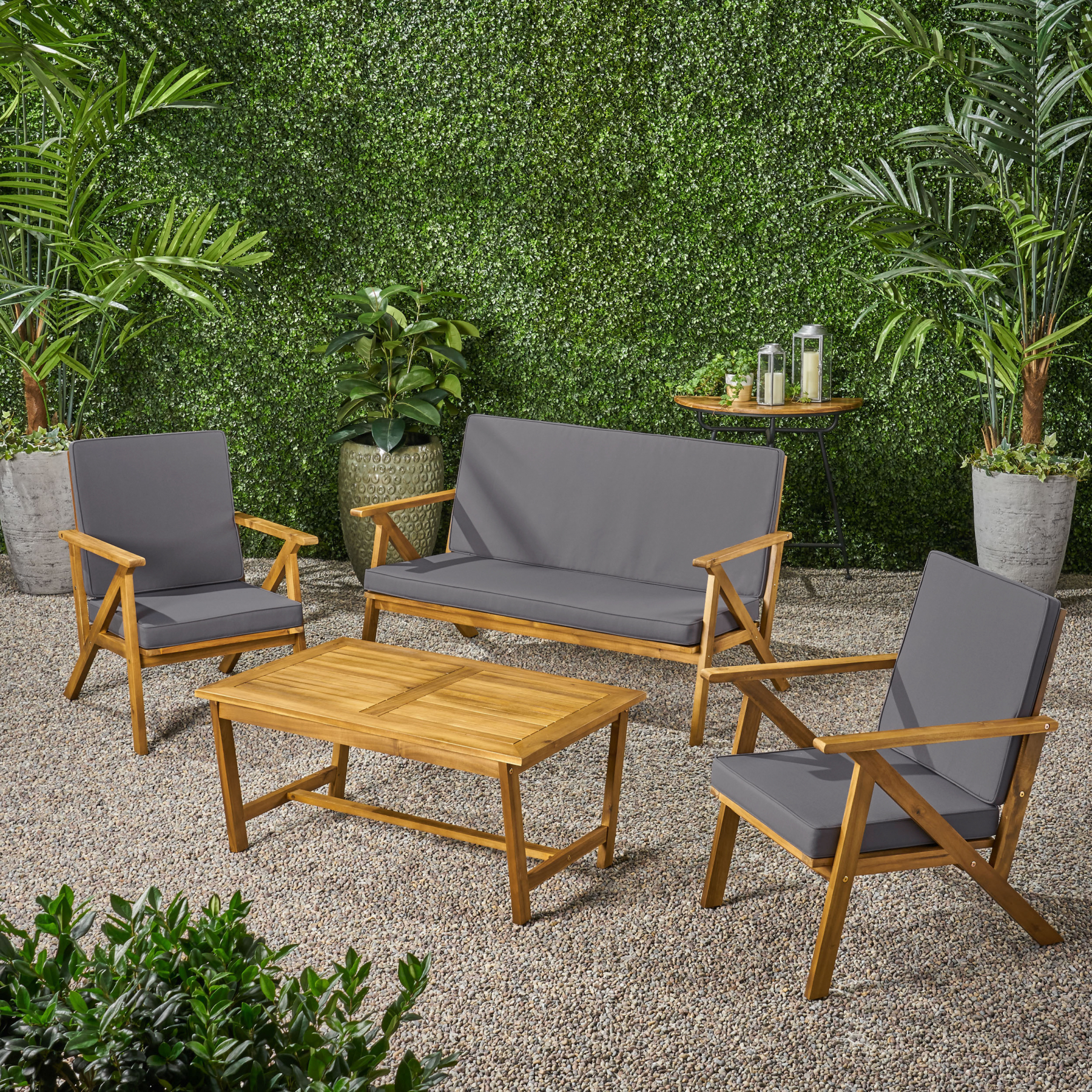 4-Piece Acacia Wood Patio Chat Set Outdoor Conversation Set with Loveseat 2 Club Chairs Coffee Table Weather-Resistant Water-Resistant Gray Polyester Cushions for Backyard Deck Poolside Entertaining