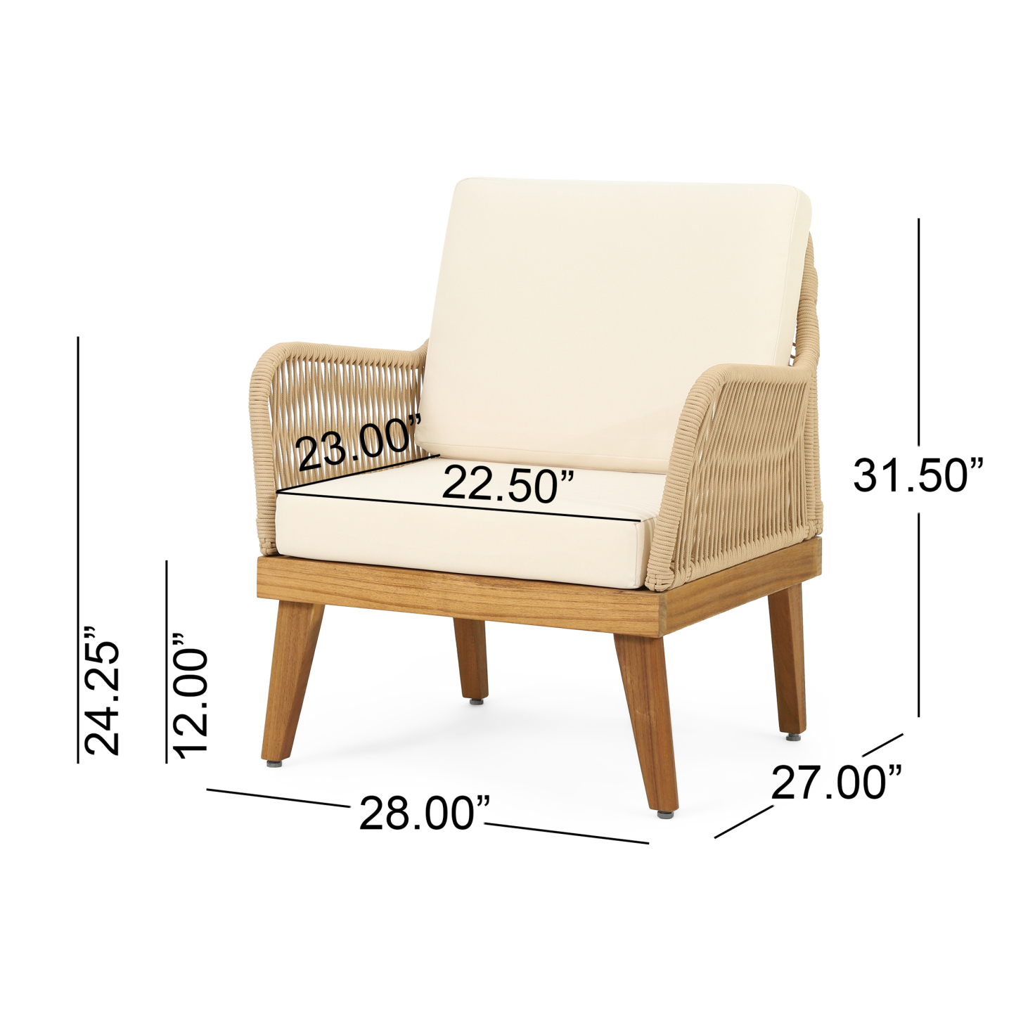 Outdoor 4-Piece Acacia Wood Chat Set with Rope, 1 loveseat and 2 club chairs Acacia Wood Conversation Sofa and 1 Table Set with Water Resistant Cushions, Teak Finished for Outdoor