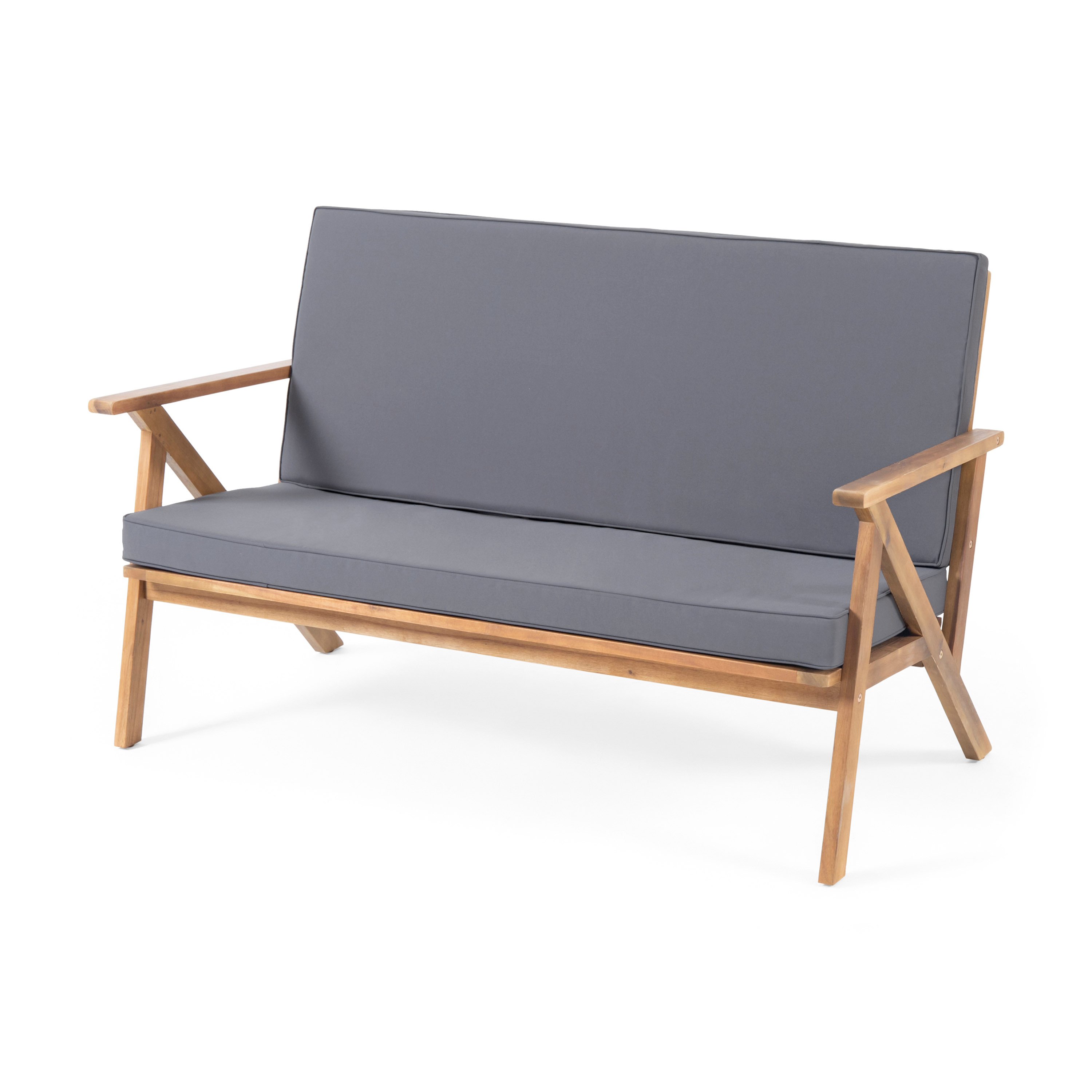 4-Piece Acacia Wood Patio Chat Set Outdoor Conversation Set with Loveseat 2 Club Chairs Coffee Table Weather-Resistant Water-Resistant Gray Polyester Cushions for Backyard Deck Poolside Entertaining