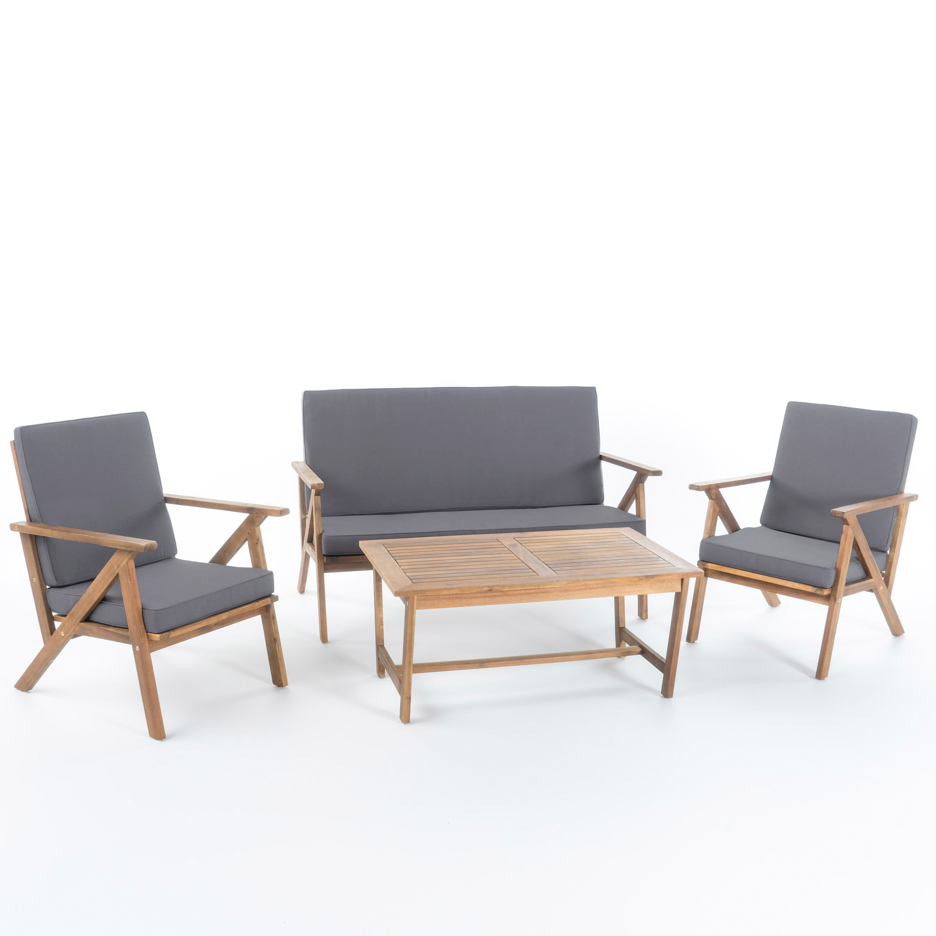 4-Piece Acacia Wood Patio Chat Set Outdoor Conversation Set with Loveseat 2 Club Chairs Coffee Table Weather-Resistant Water-Resistant Gray Polyester Cushions for Backyard Deck Poolside Entertaining