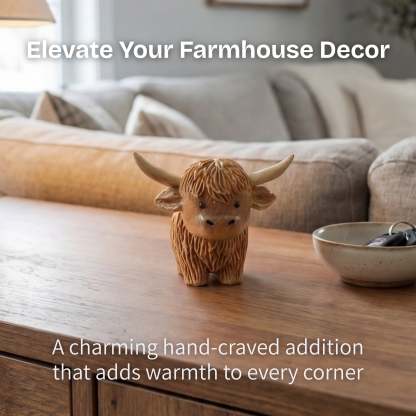 Wooden Highland Cow Figurine - Farmhouse Decor & Unique Gift (3.5")
