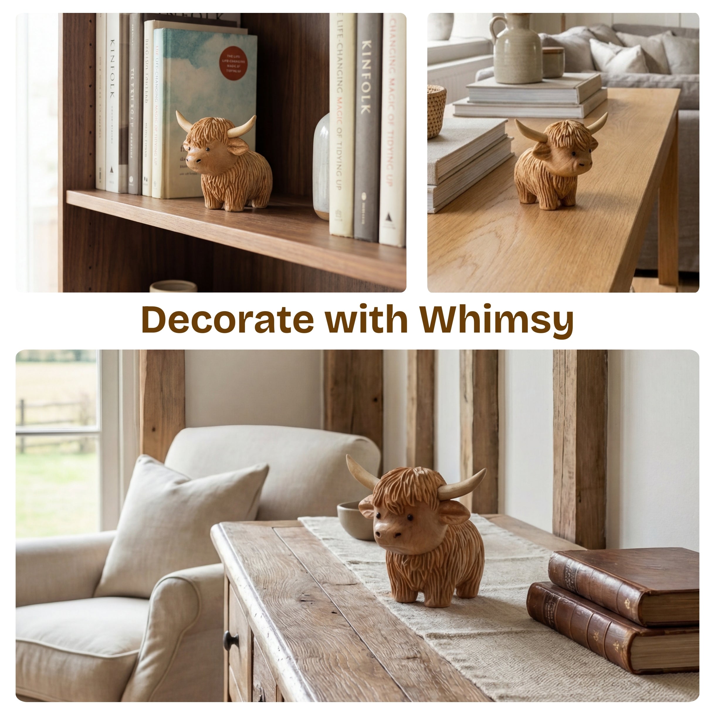 Wooden Highland Cow Figurine - Farmhouse Decor & Unique Gift (3.5")