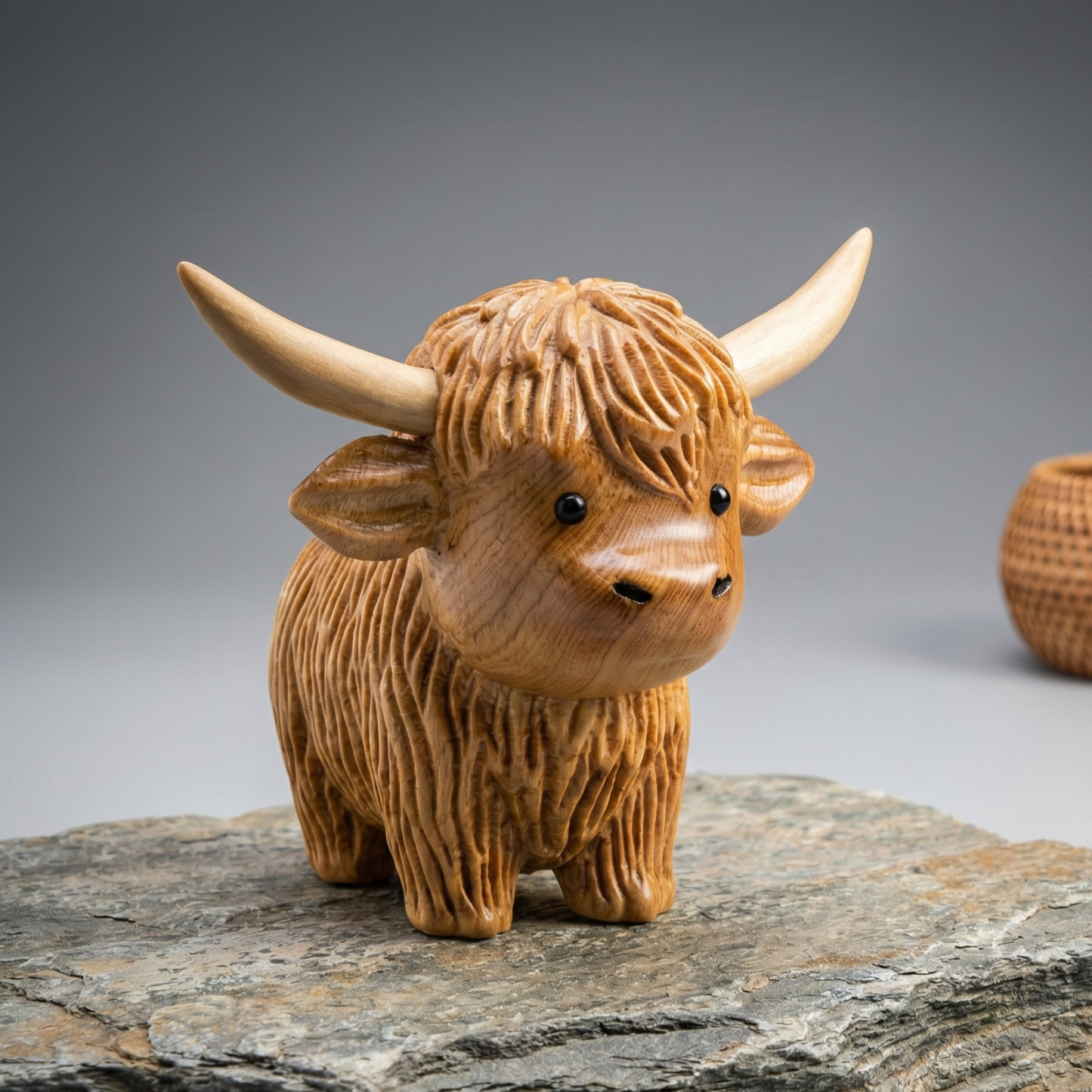 Wooden Highland Cow Figurine - Farmhouse Decor & Unique Gift (3.5")