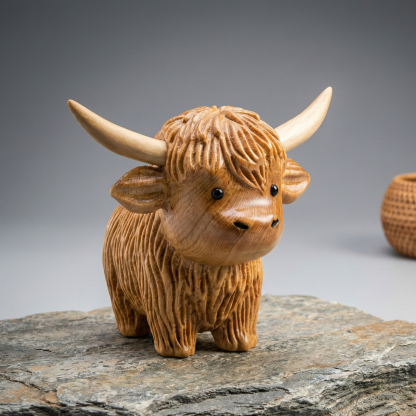 Wooden Highland Cow Figurine - Farmhouse Decor & Unique Gift (3.5")