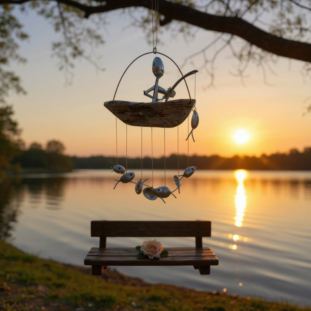 ❤️Handmade Fishing Man Spoon Fish Sculpture Wind Chime