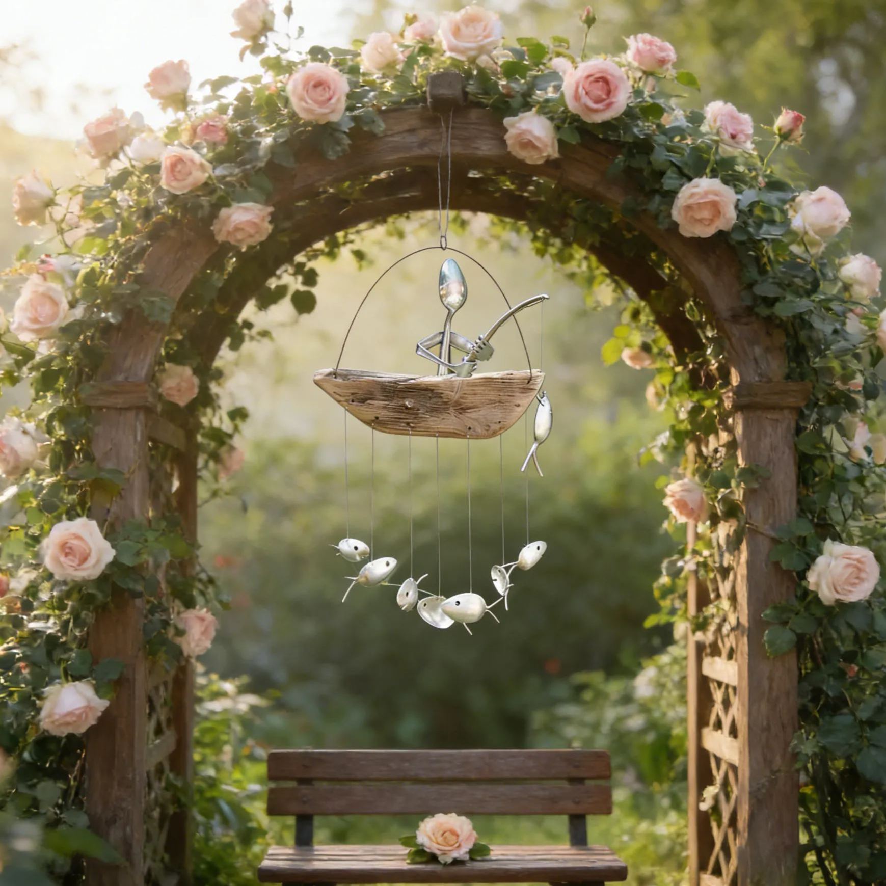 ❤️Handmade Fishing Man Spoon Fish Sculpture Wind Chime