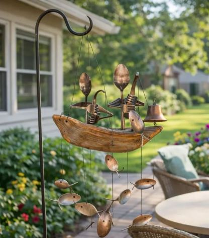 ❤️Handmade Fishing Man Spoon Fish Sculpture Wind Chime