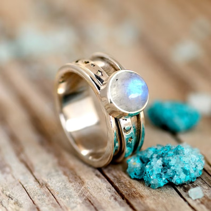 Vintage Bohemian Moonstone Star Moon Ring