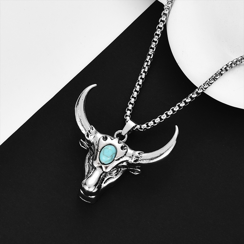 Personalized Retro Turquoise Bull Head Men'S Necklace